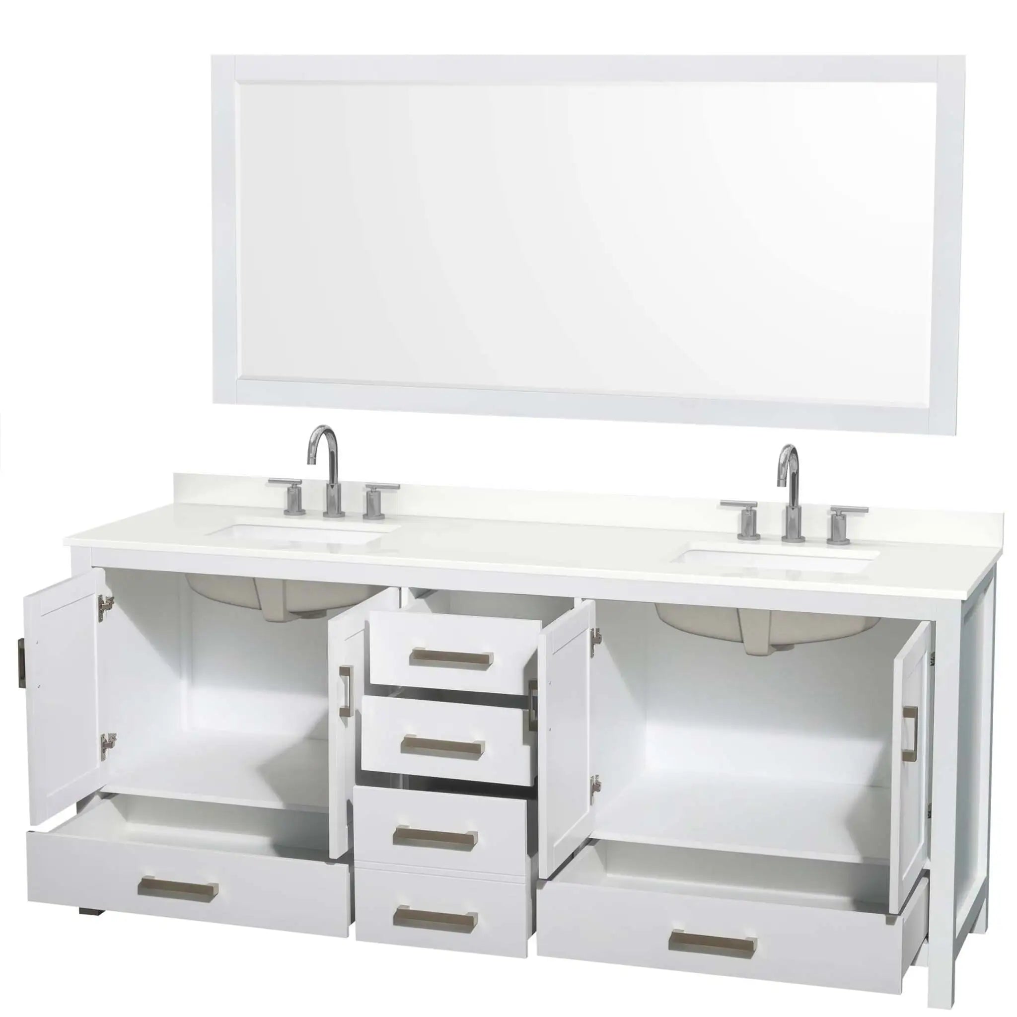 80" Sheffield Double Bathroom Vanity in White with Brushed Chrome Trim & 70" Mirror by Wyndham