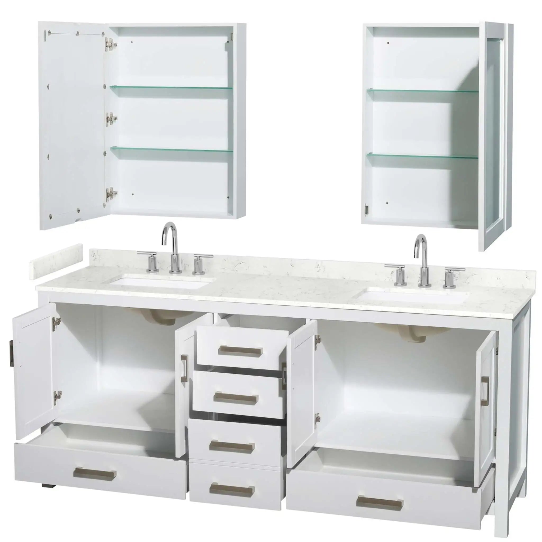 80" Sheffield Double Bathroom Vanity in White with Brushed Chrome Trim & Medicine Cabinet by Wyndham