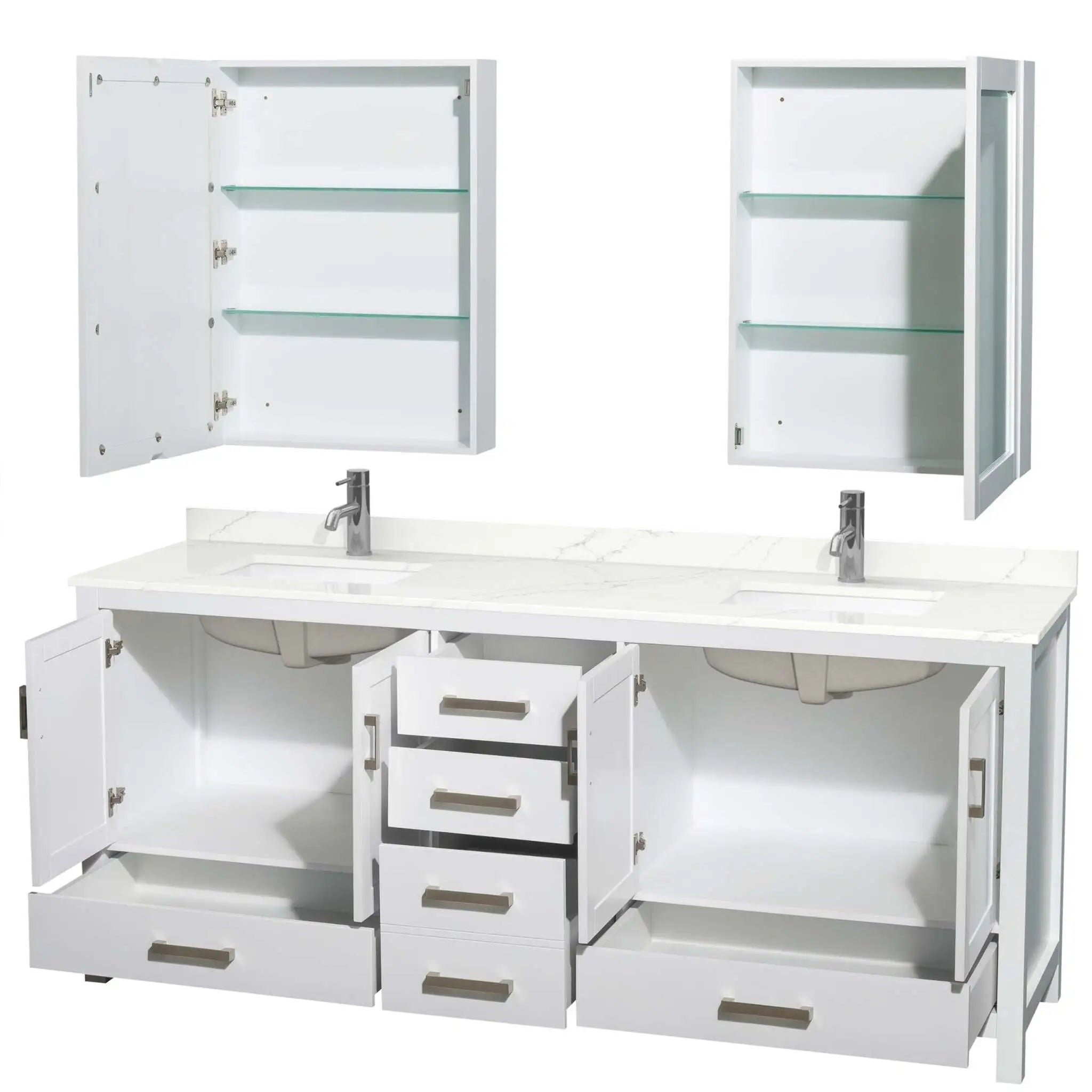 80" Sheffield Double Bathroom Vanity in White with Brushed Chrome Trim & Medicine Cabinet by Wyndham