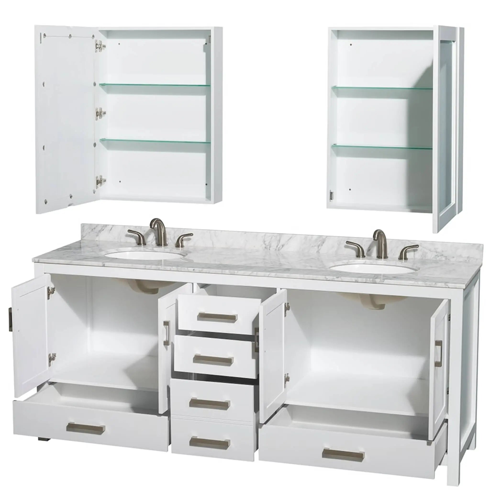 80" Sheffield Double Bathroom Vanity in White with Brushed Chrome Trim & Medicine Cabinet by Wyndham