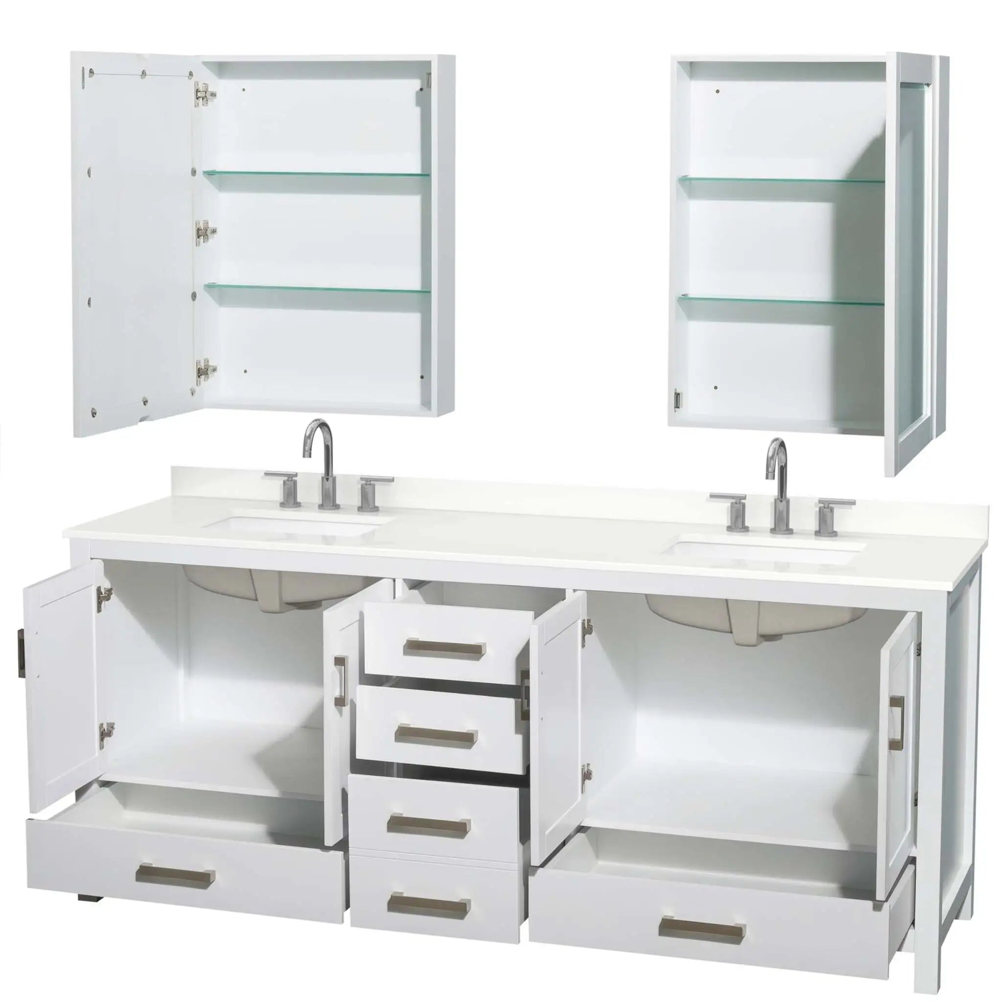 80" Sheffield Double Bathroom Vanity in White with Brushed Chrome Trim & Medicine Cabinet by Wyndham