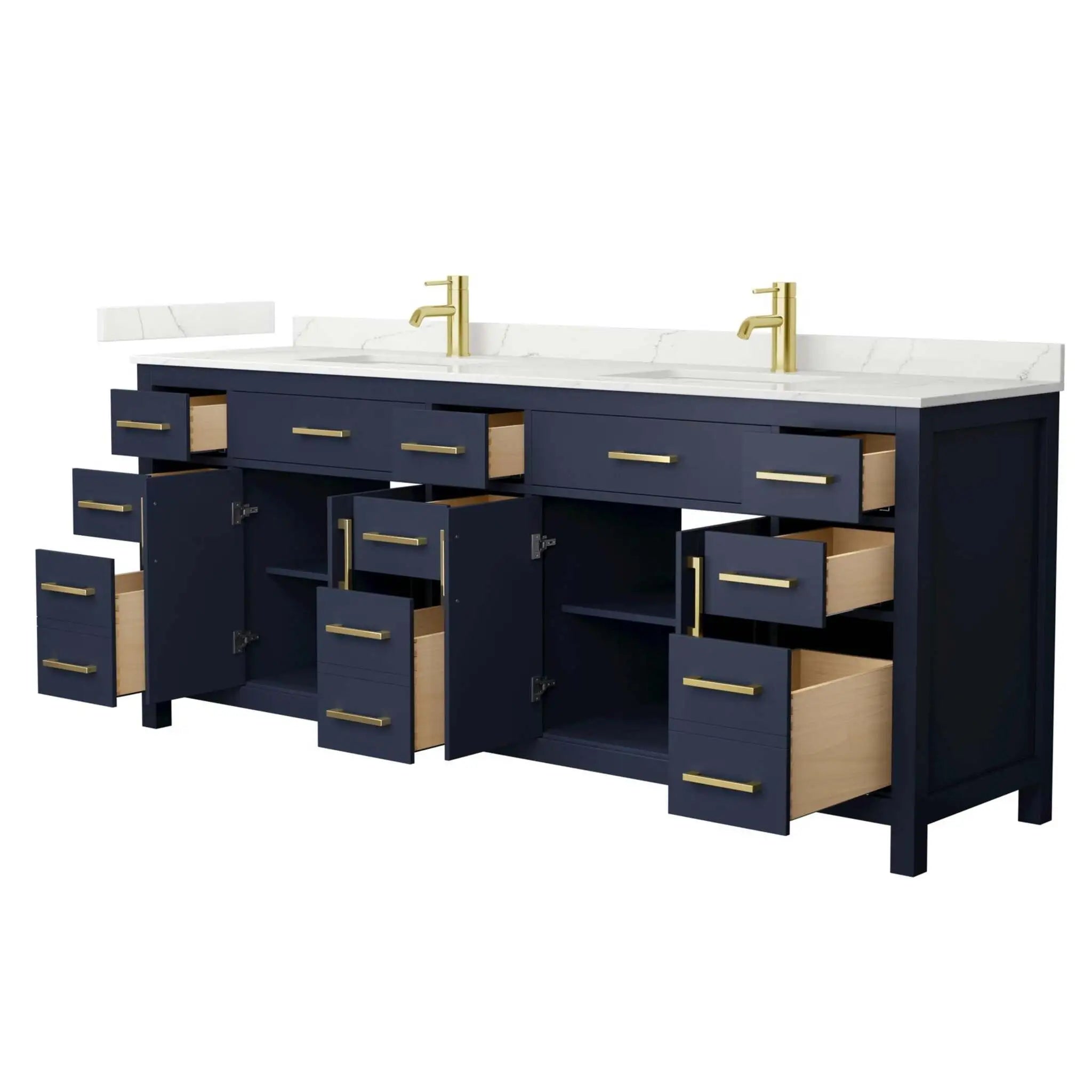 84" Beckett Double Bathroom Vanity in Dark Blue with Brushed Gold Trim by Wyndham