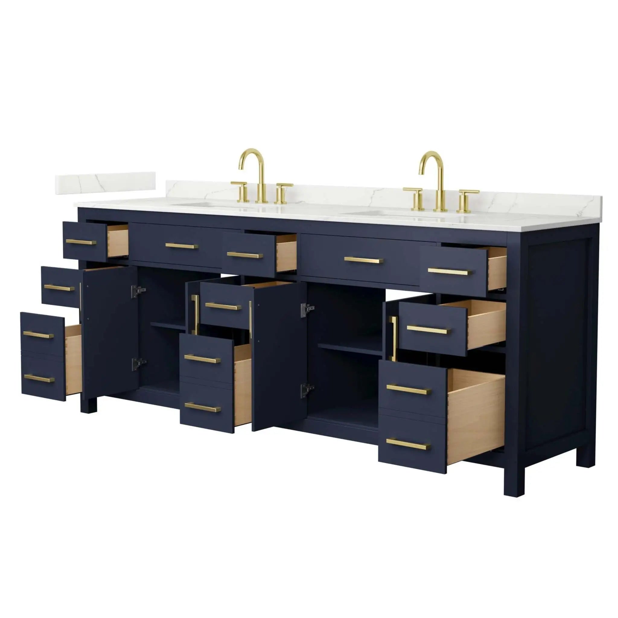 84" Beckett Double Bathroom Vanity in Dark Blue with Brushed Gold Trim by Wyndham
