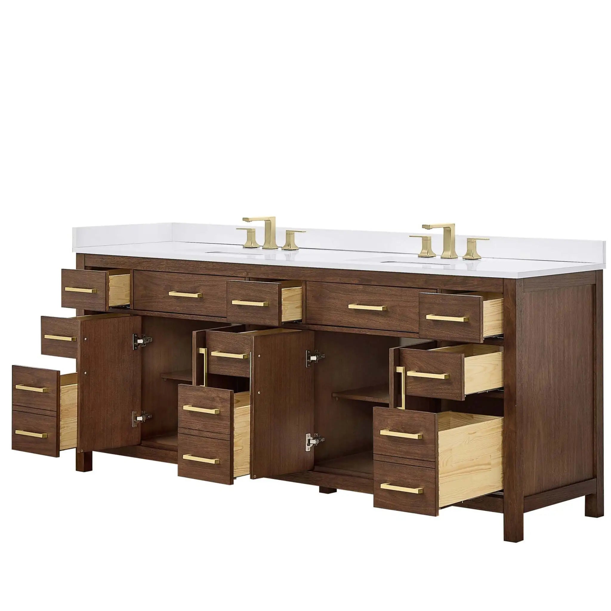 84" Beckett Double Bathroom Vanity in Dark Walnut with Brushed Gold Trim by Wyndham