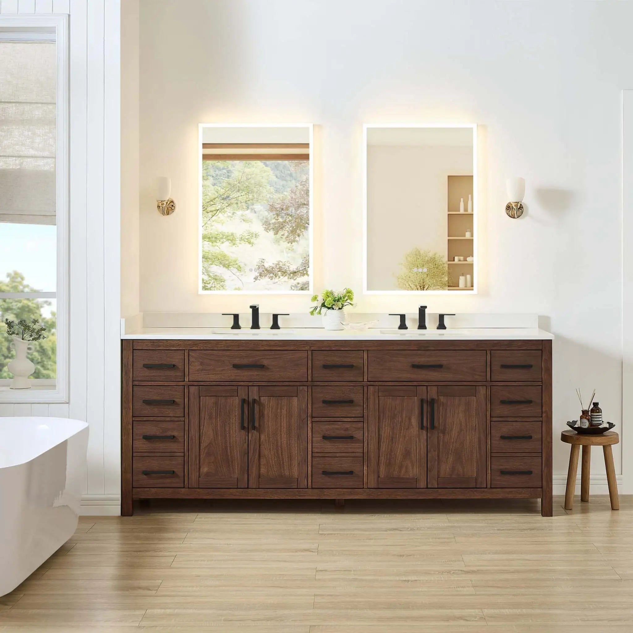 84" Beckett Double Bathroom Vanity in Dark Walnut with Matte Black Trim by Wyndham