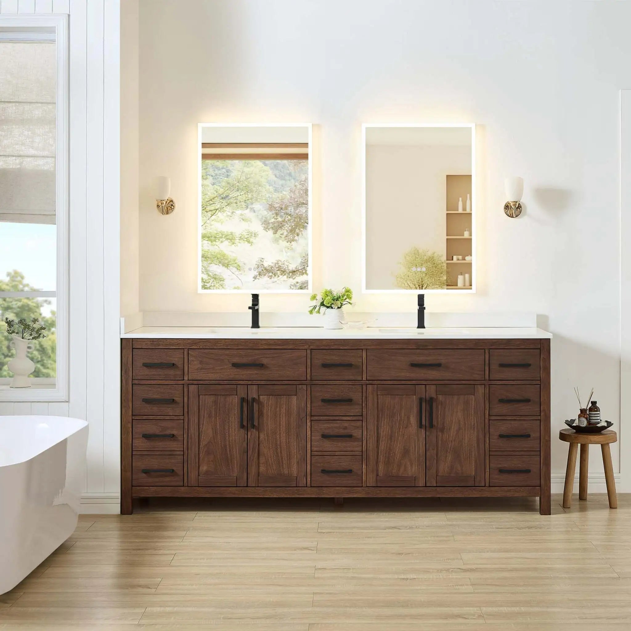 84" Beckett Double Bathroom Vanity in Dark Walnut with Matte Black Trim by Wyndham
