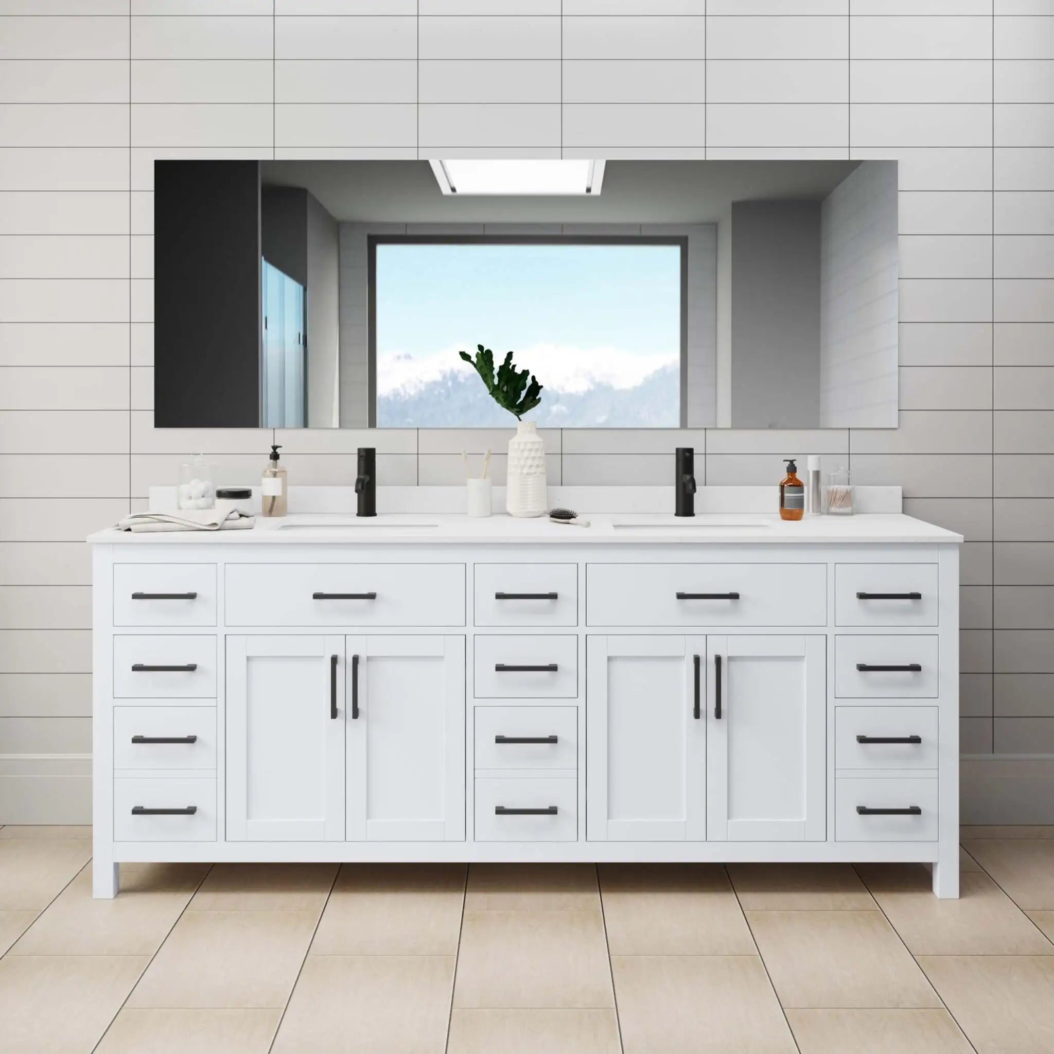 84" Beckett Double Bathroom Vanity in White with Matte Black Trim by Wyndham