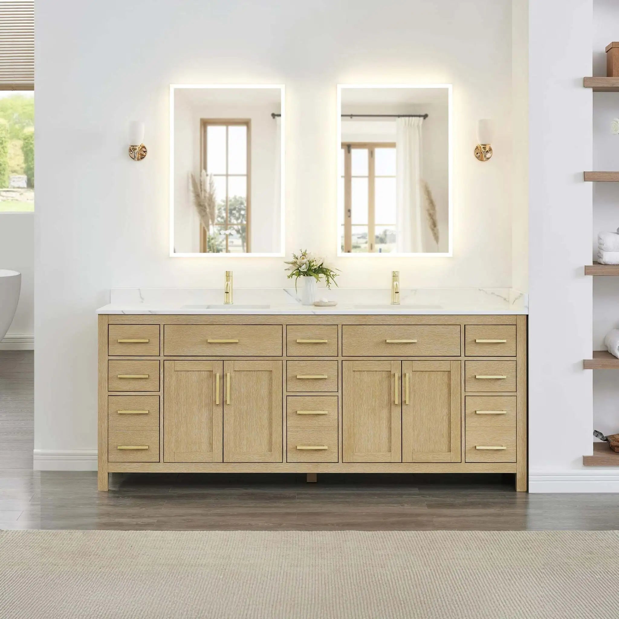 84" Beckett Double Bathroom Vanity in Whitewashed Oak with Brushed Gold Trim by Wyndham