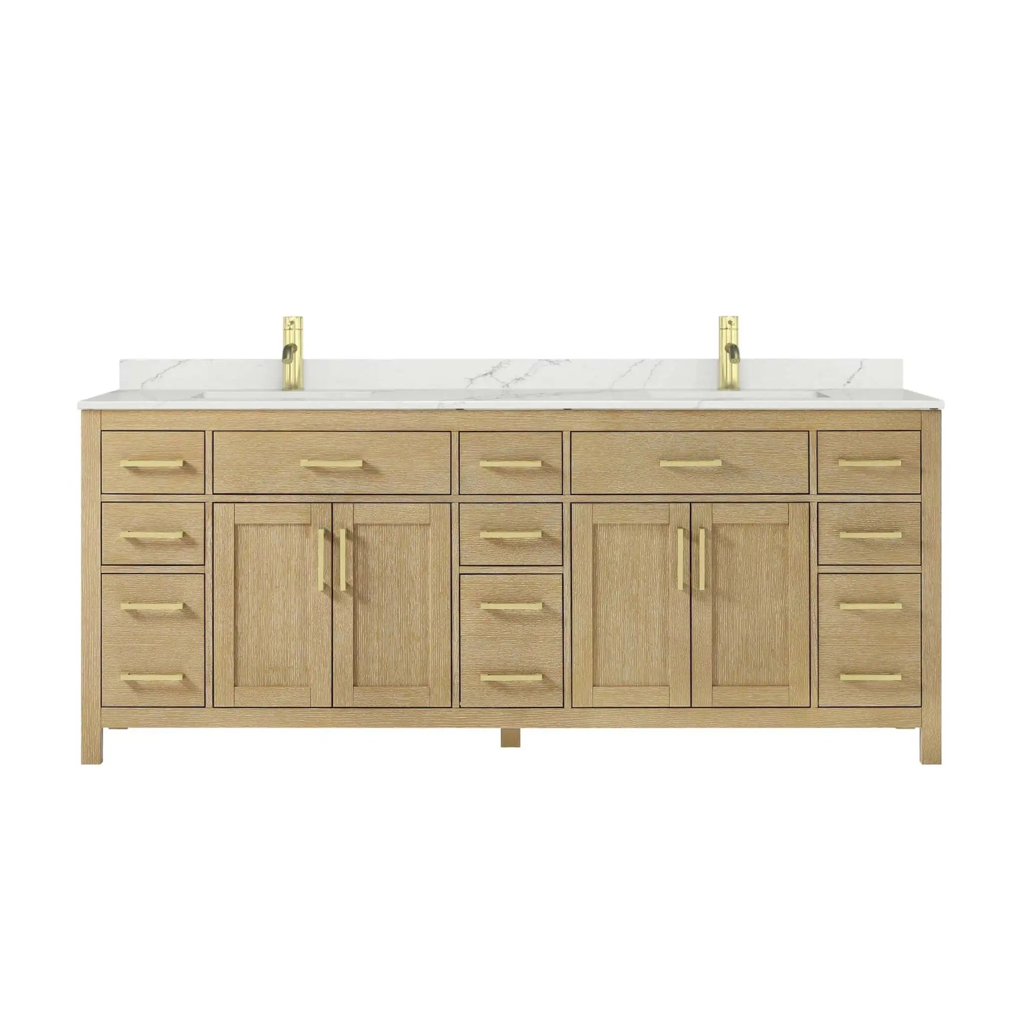 84" Beckett Double Bathroom Vanity in Whitewashed Oak with Brushed Gold Trim by Wyndham