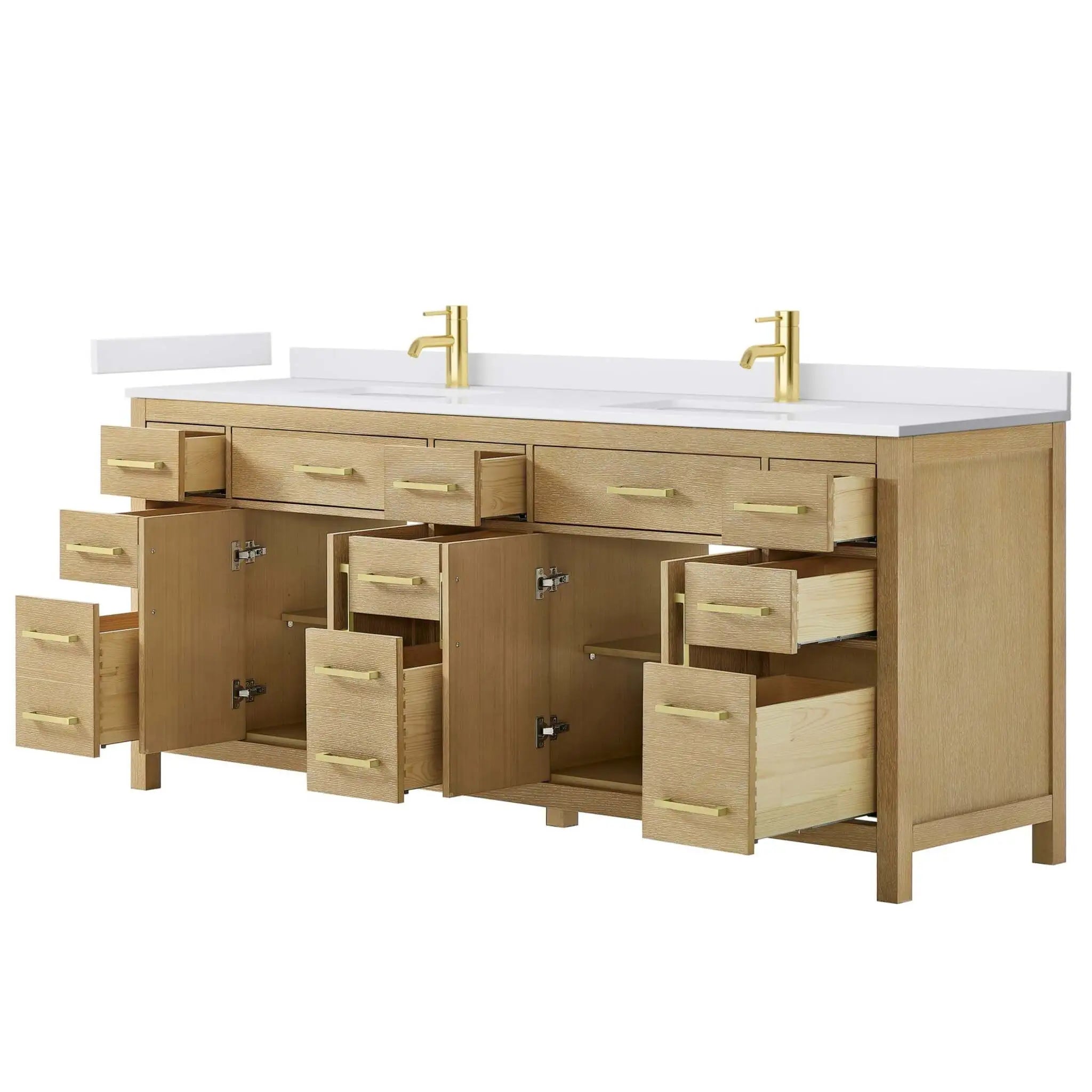 84" Beckett Double Bathroom Vanity in Whitewashed Oak with Brushed Gold Trim by Wyndham
