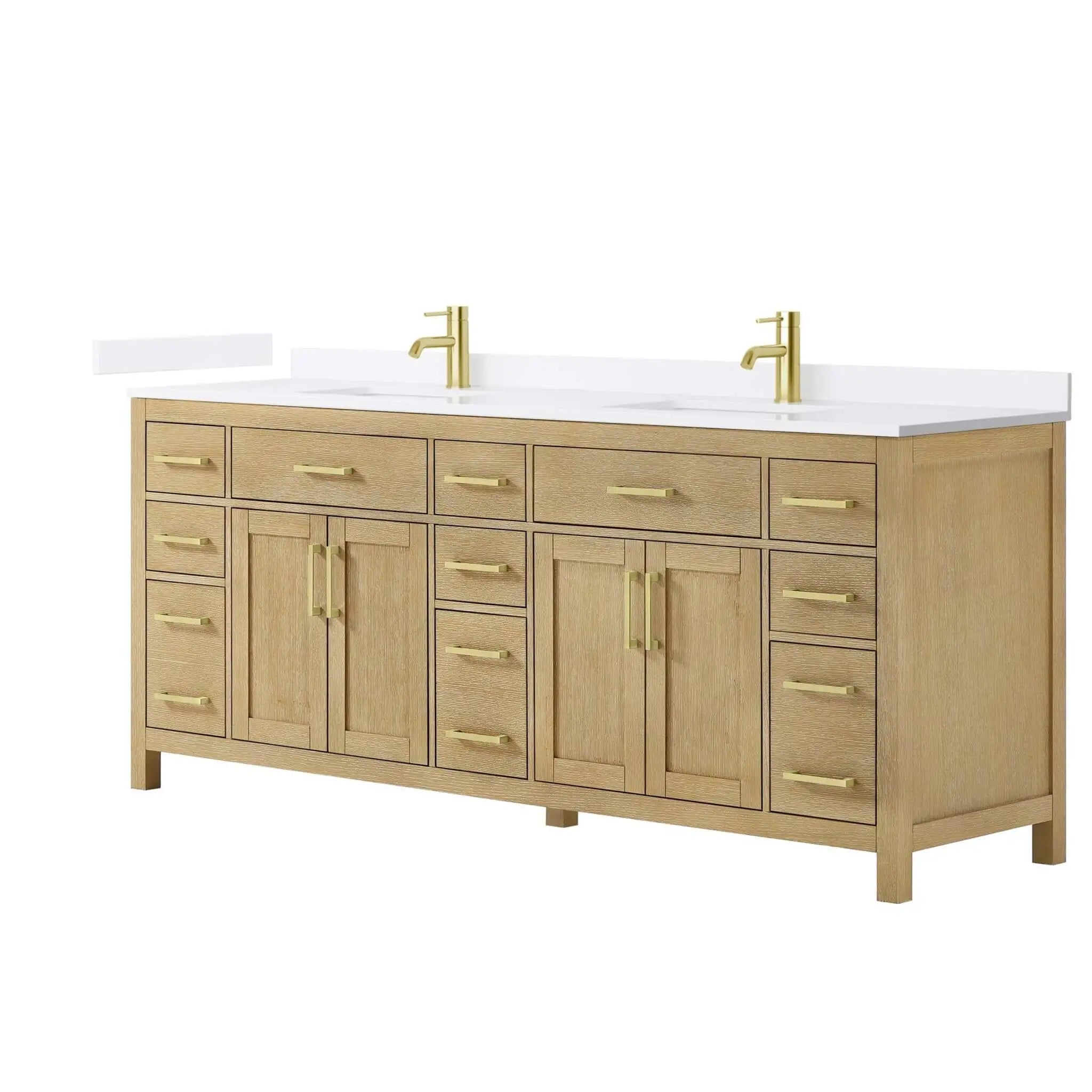 84" Beckett Double Bathroom Vanity in Whitewashed Oak with Brushed Gold Trim by Wyndham
