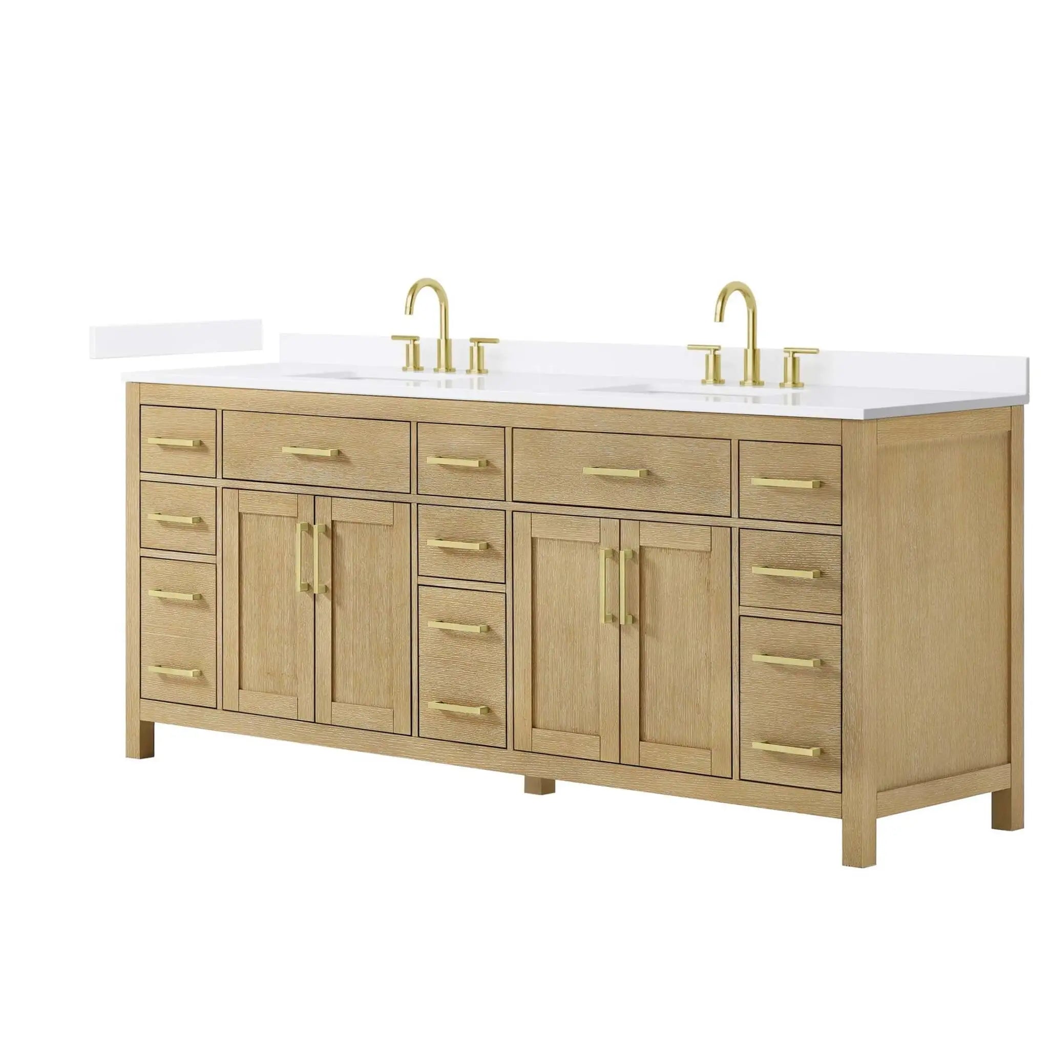 84" Beckett Double Bathroom Vanity in Whitewashed Oak with Brushed Gold Trim by Wyndham