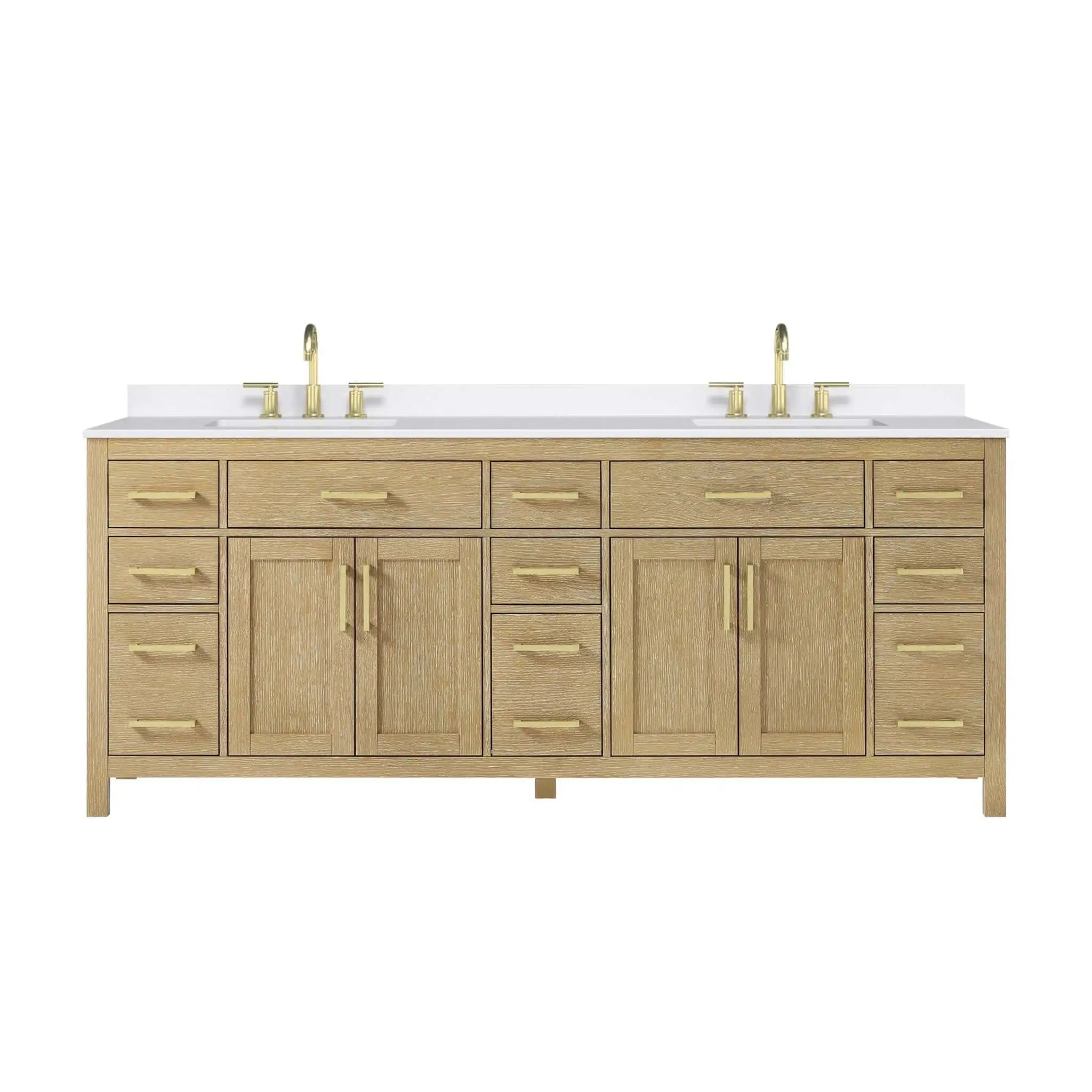 84" Beckett Double Bathroom Vanity in Whitewashed Oak with Brushed Gold Trim by Wyndham