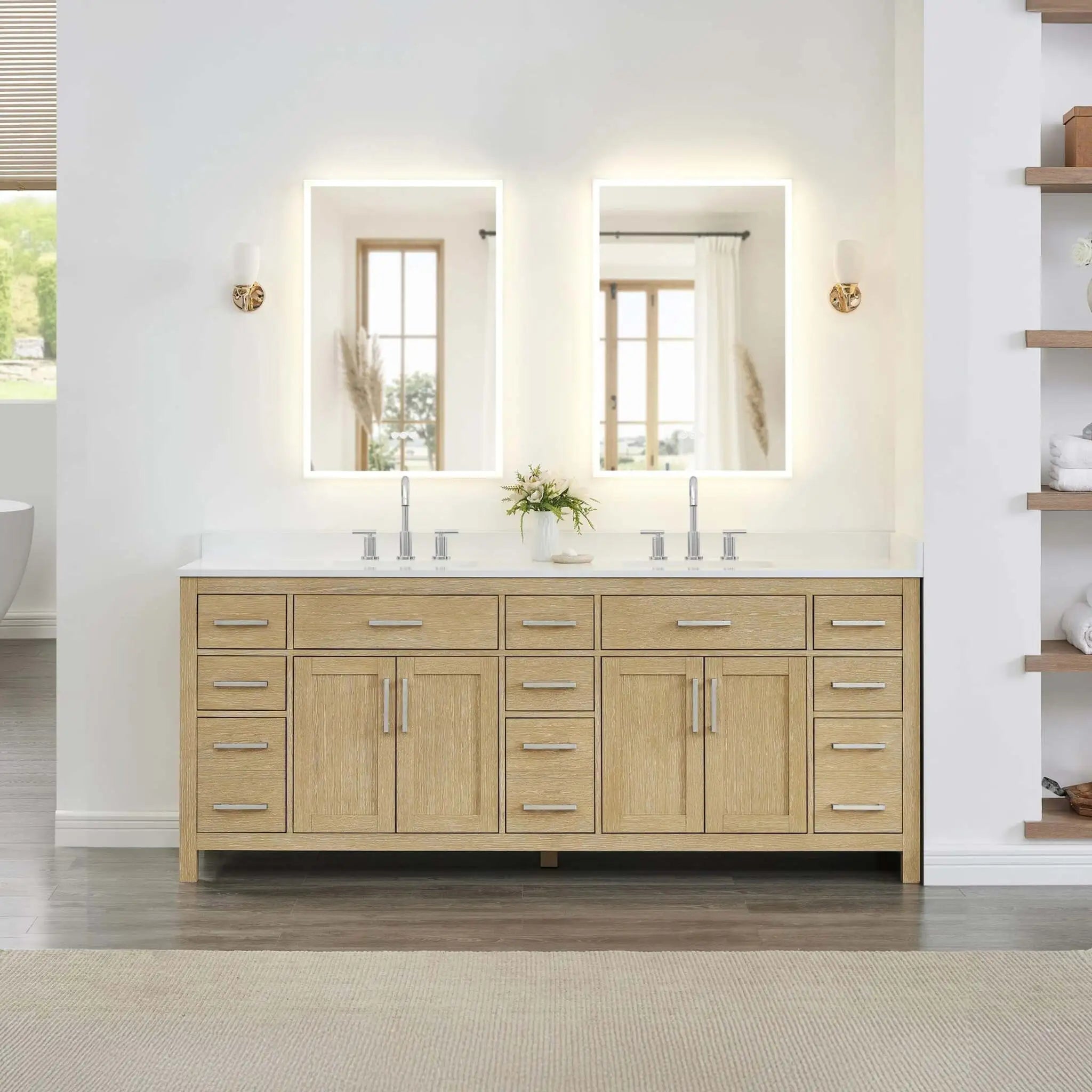 84" Beckett Double Bathroom Vanity in Whitewashed Oak with Brushed Nickel Trim by Wyndham
