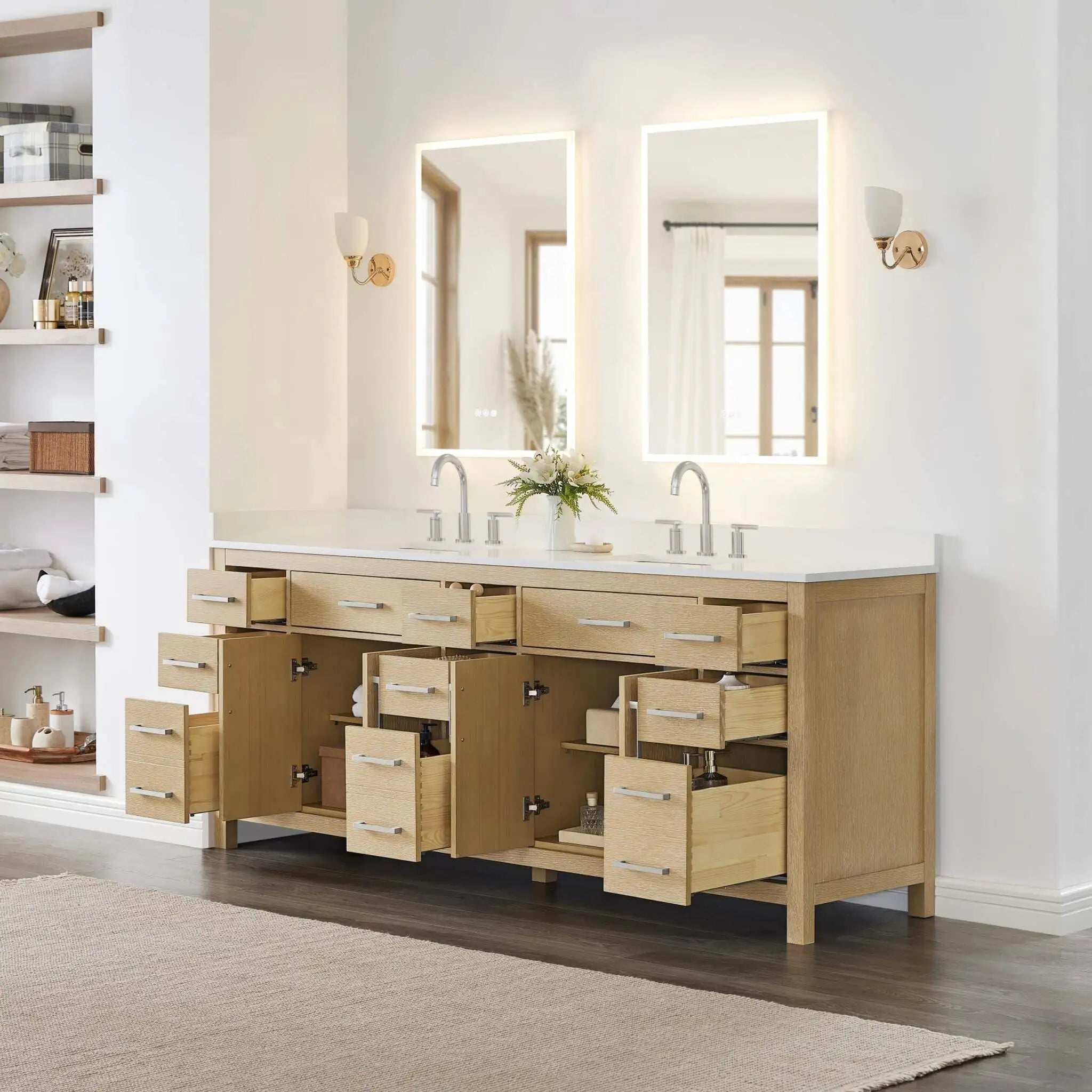 84" Beckett Double Bathroom Vanity in Whitewashed Oak with Brushed Nickel Trim by Wyndham