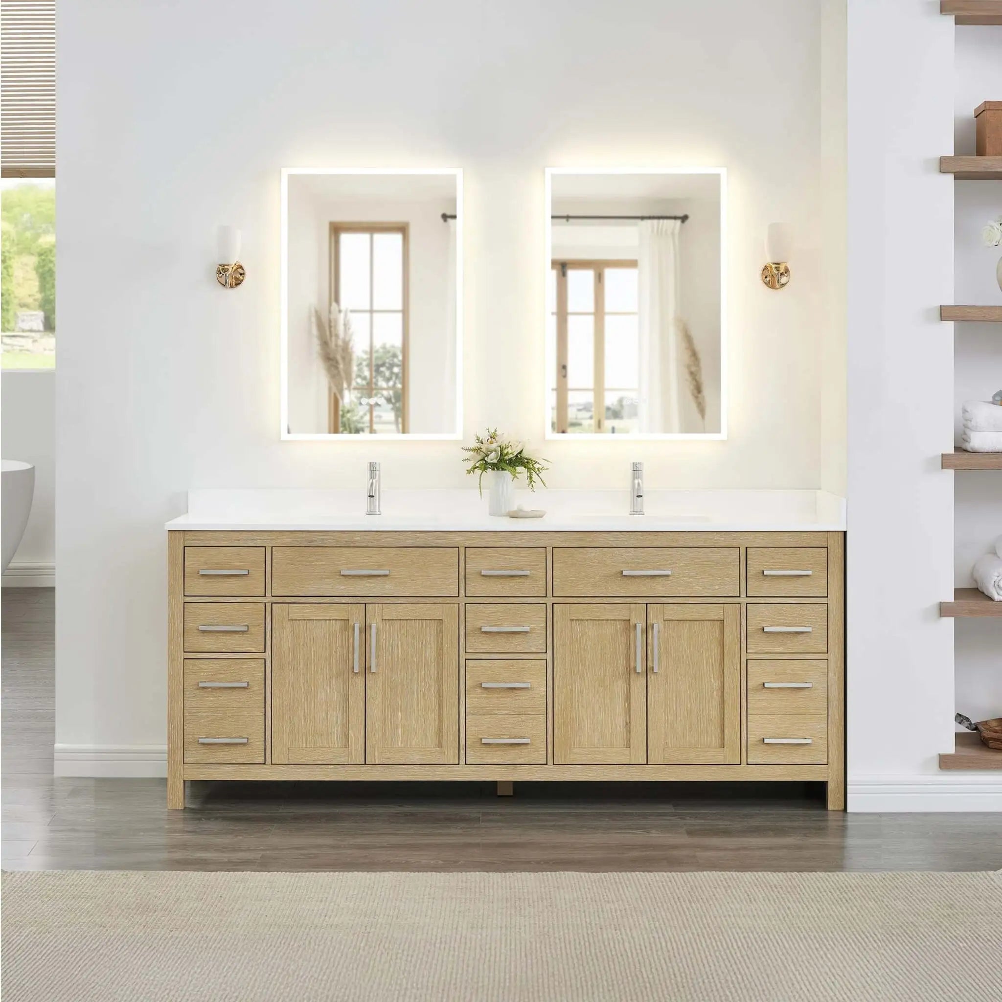 84" Beckett Double Bathroom Vanity in Whitewashed Oak with Brushed Nickel Trim by Wyndham