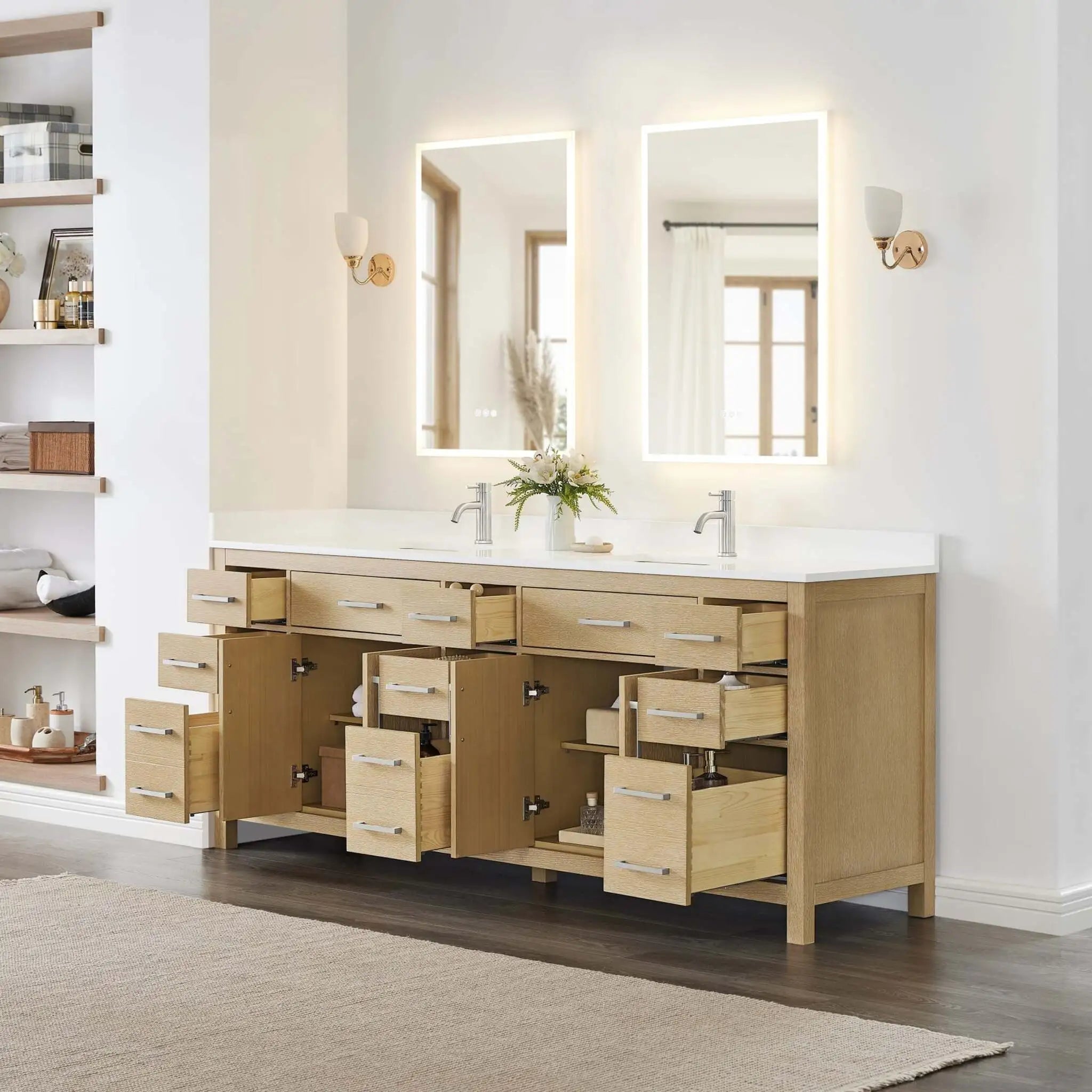 84" Beckett Double Bathroom Vanity in Whitewashed Oak with Brushed Nickel Trim by Wyndham