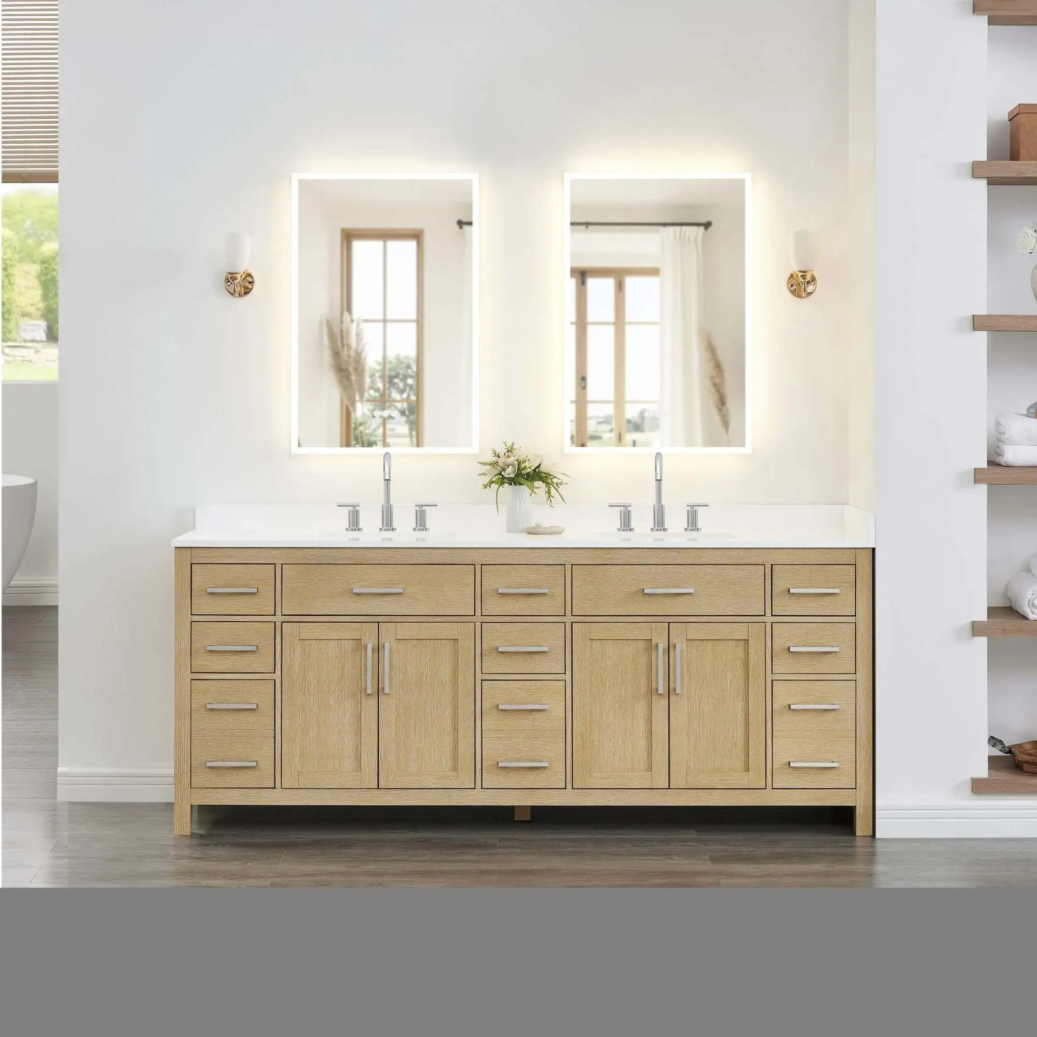 84" Beckett Double Bathroom Vanity in Whitewashed Oak with Brushed Nickel Trim by Wyndham