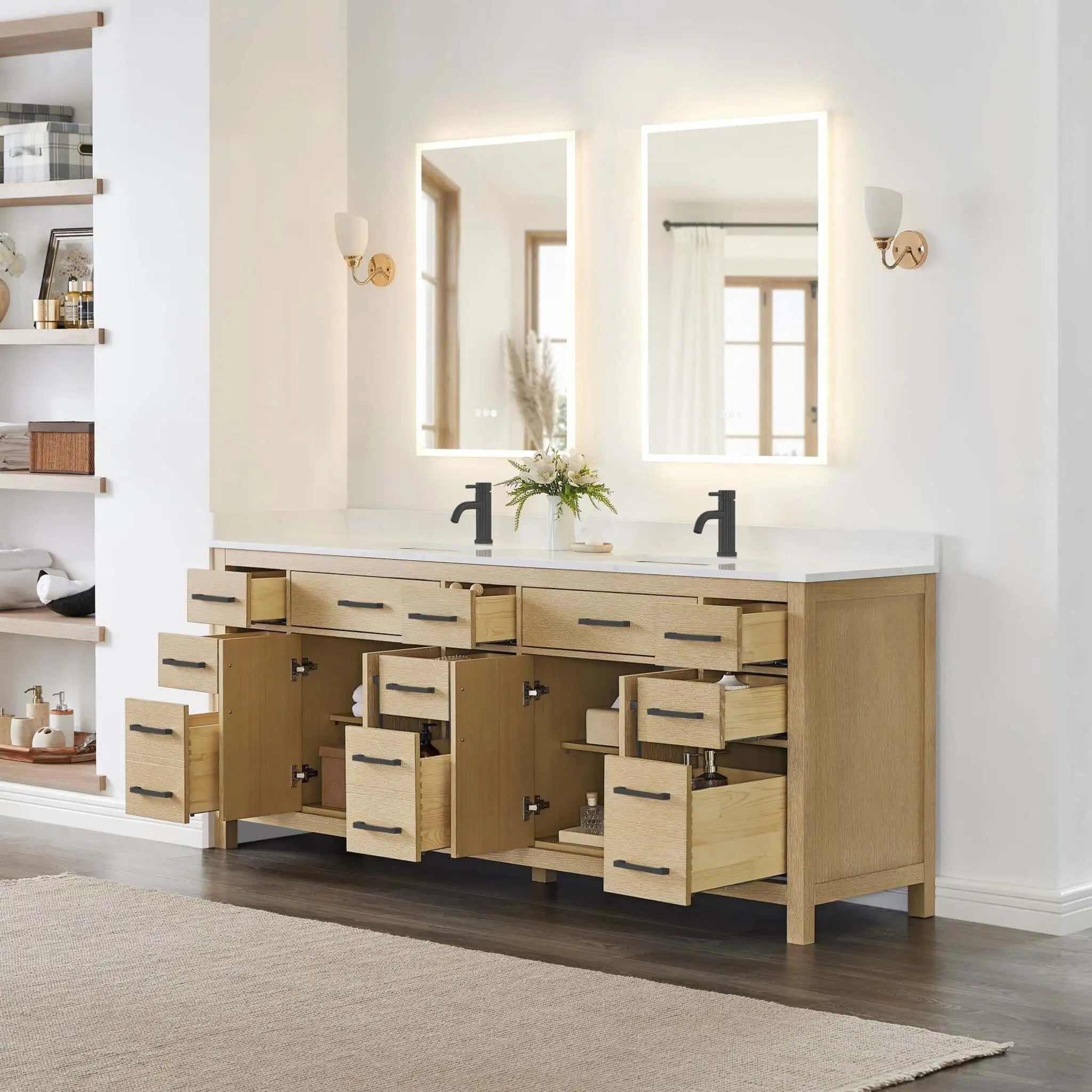 84" Beckett Double Bathroom Vanity in Whitewashed Oak with Matte Black Trim by Wyndham