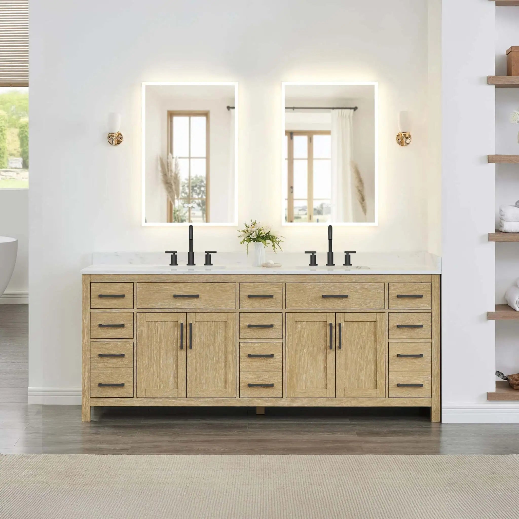 84" Beckett Double Bathroom Vanity in Whitewashed Oak with Matte Black Trim by Wyndham