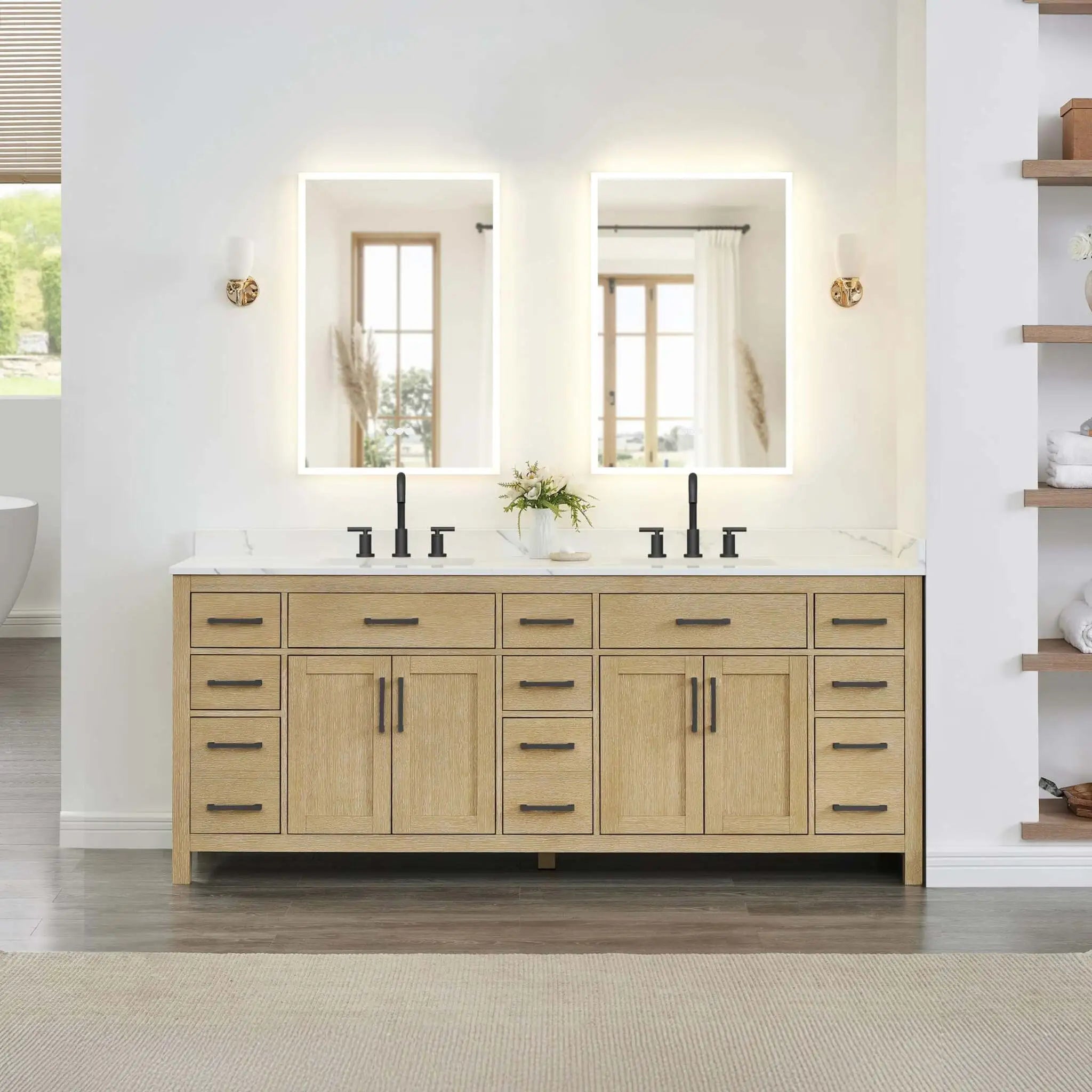 84" Beckett Double Bathroom Vanity in Whitewashed Oak with Matte Black Trim by Wyndham