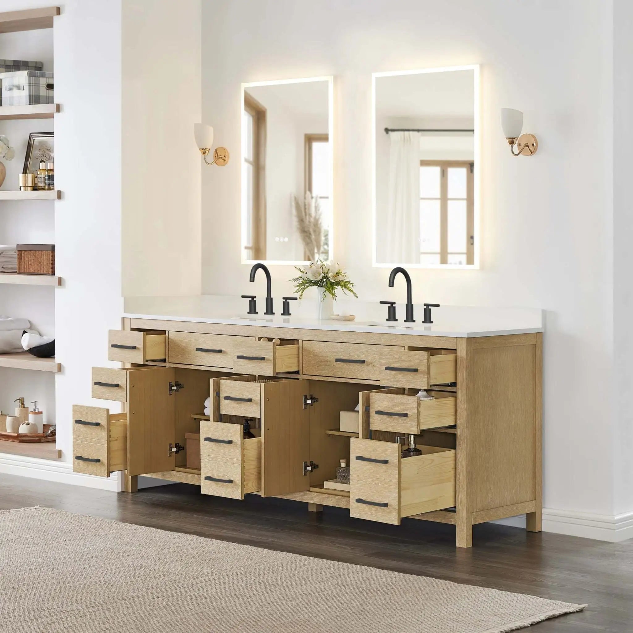 84" Beckett Double Bathroom Vanity in Whitewashed Oak with Matte Black Trim by Wyndham