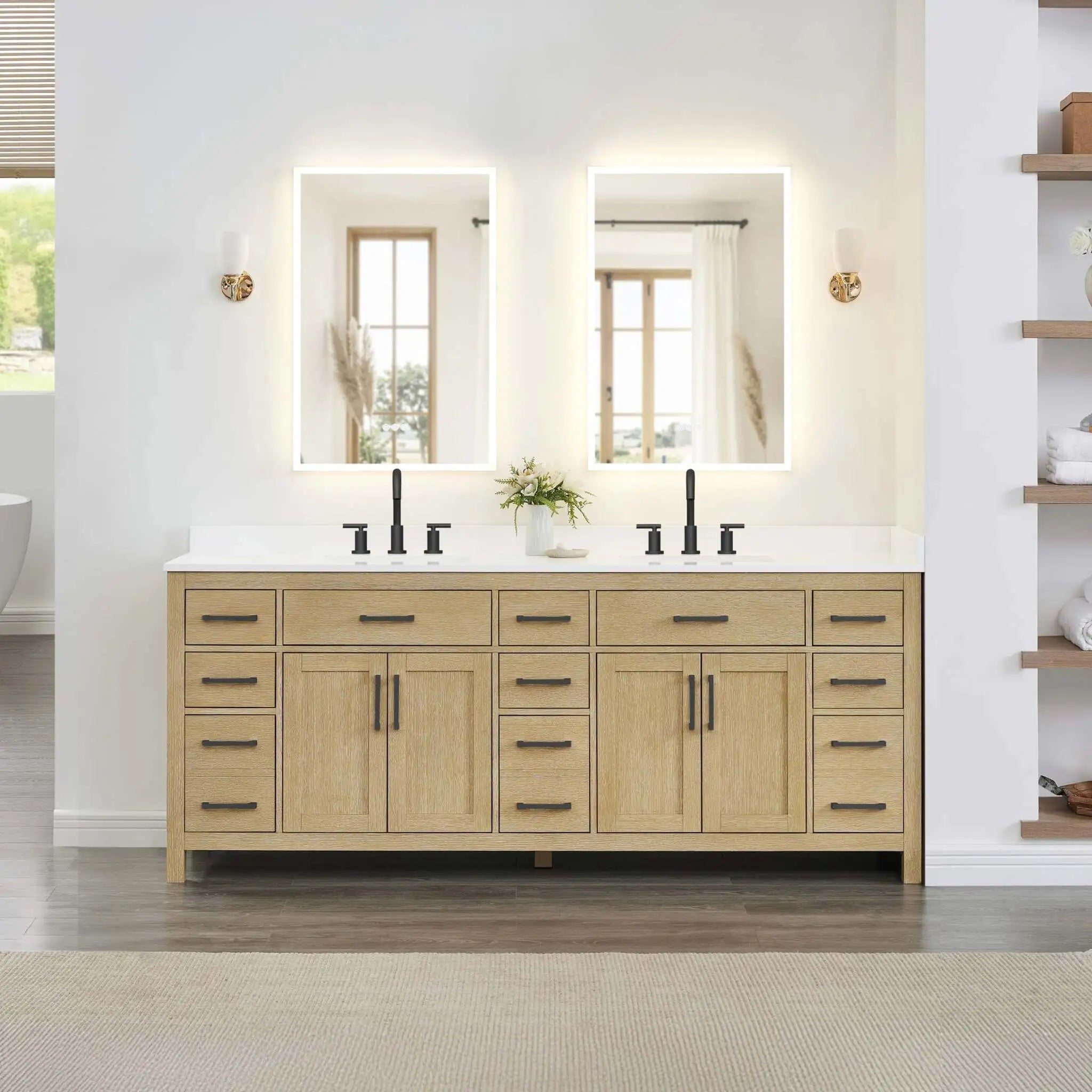 84" Beckett Double Bathroom Vanity in Whitewashed Oak with Matte Black Trim by Wyndham