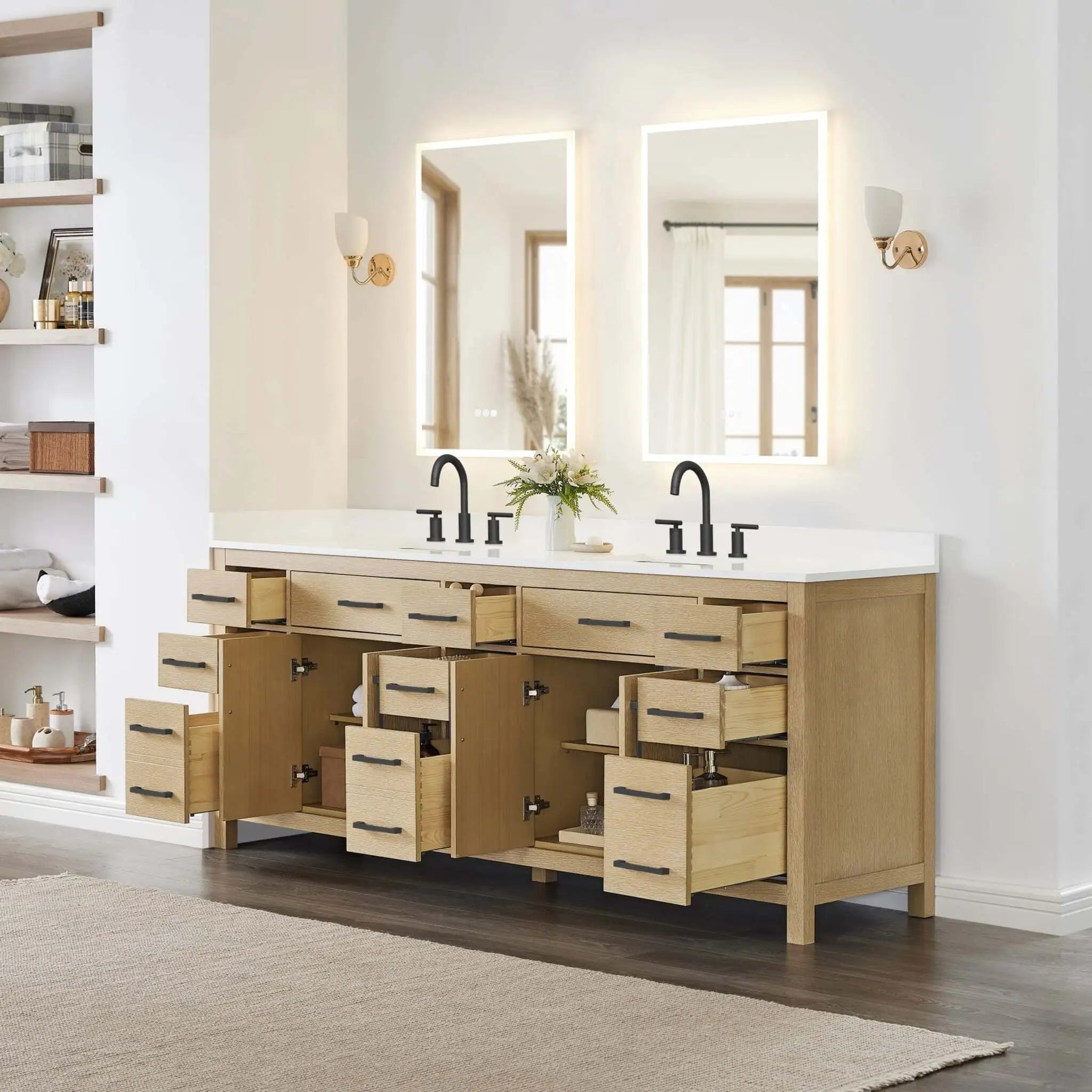 84" Beckett Double Bathroom Vanity in Whitewashed Oak with Matte Black Trim by Wyndham