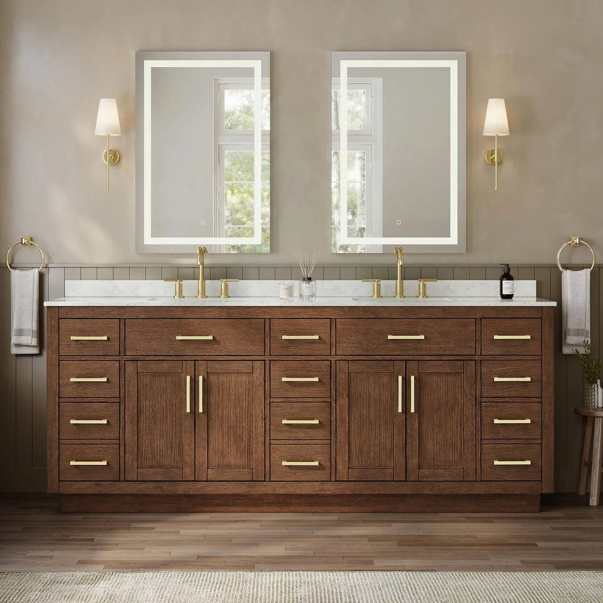 84" Beckett Double Bathroom Vanity with Toe Kick Dark Oak Brushed Gold Trim by wyndham View 14