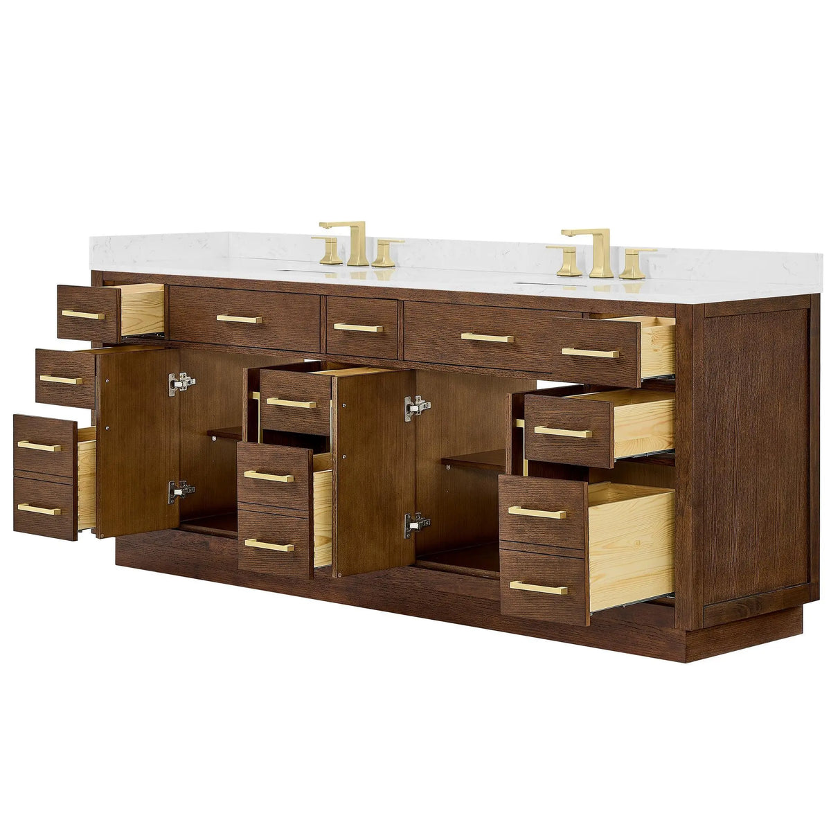 84" Beckett Double Bathroom Vanity with Toe Kick Dark Oak Brushed Gold Trim by wyndham View 13