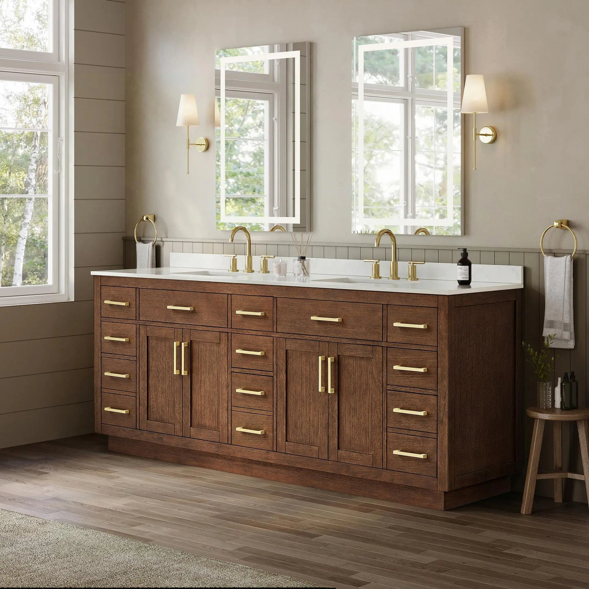 84" Beckett Double Bathroom Vanity with Toe Kick Dark Oak Brushed Gold Trim by wyndham View 12