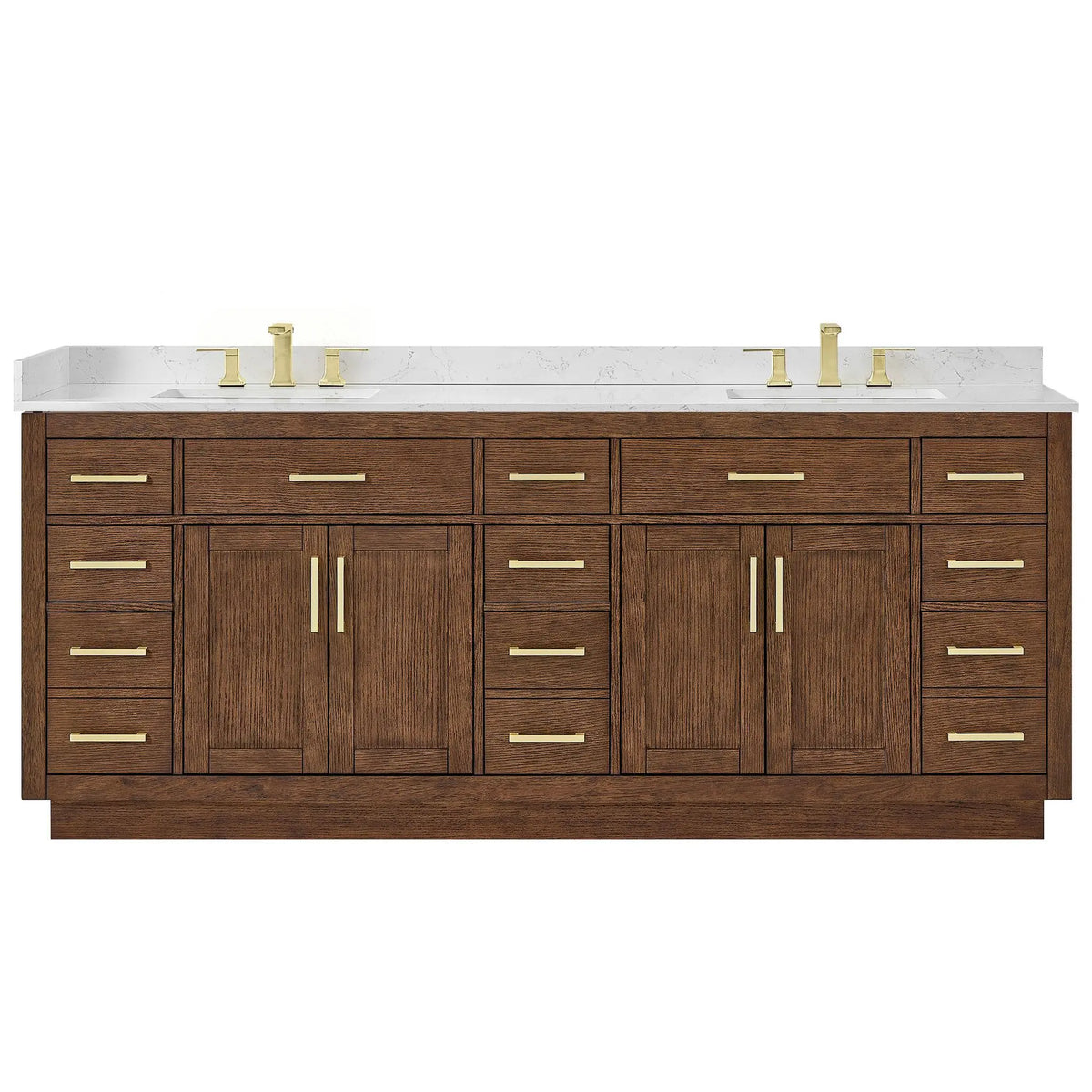 84" Beckett Double Bathroom Vanity with Toe Kick Dark Oak Brushed Gold Trim by wyndham View 11