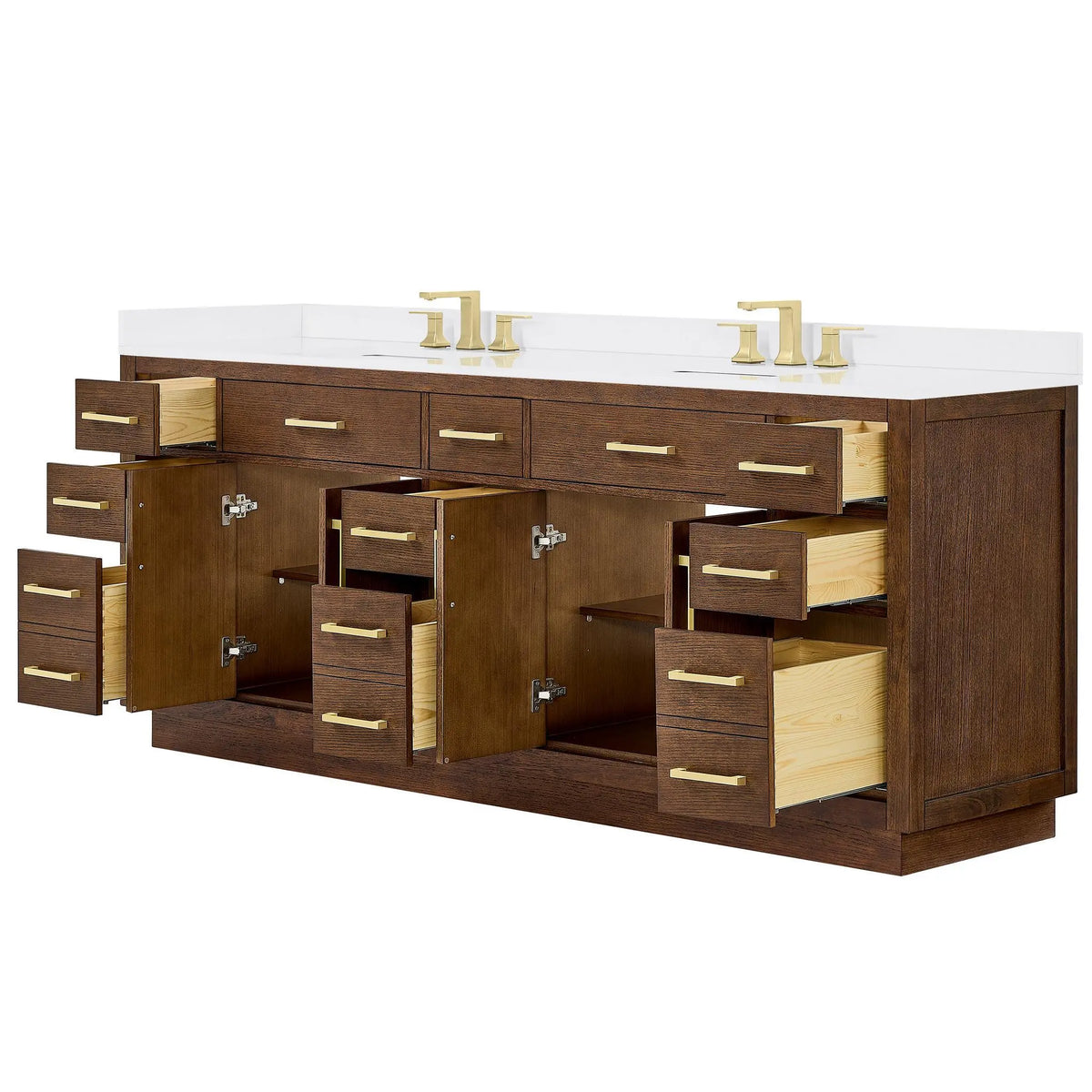 84" Beckett Double Bathroom Vanity with Toe Kick Dark Oak Brushed Gold Trim by wyndham View 18