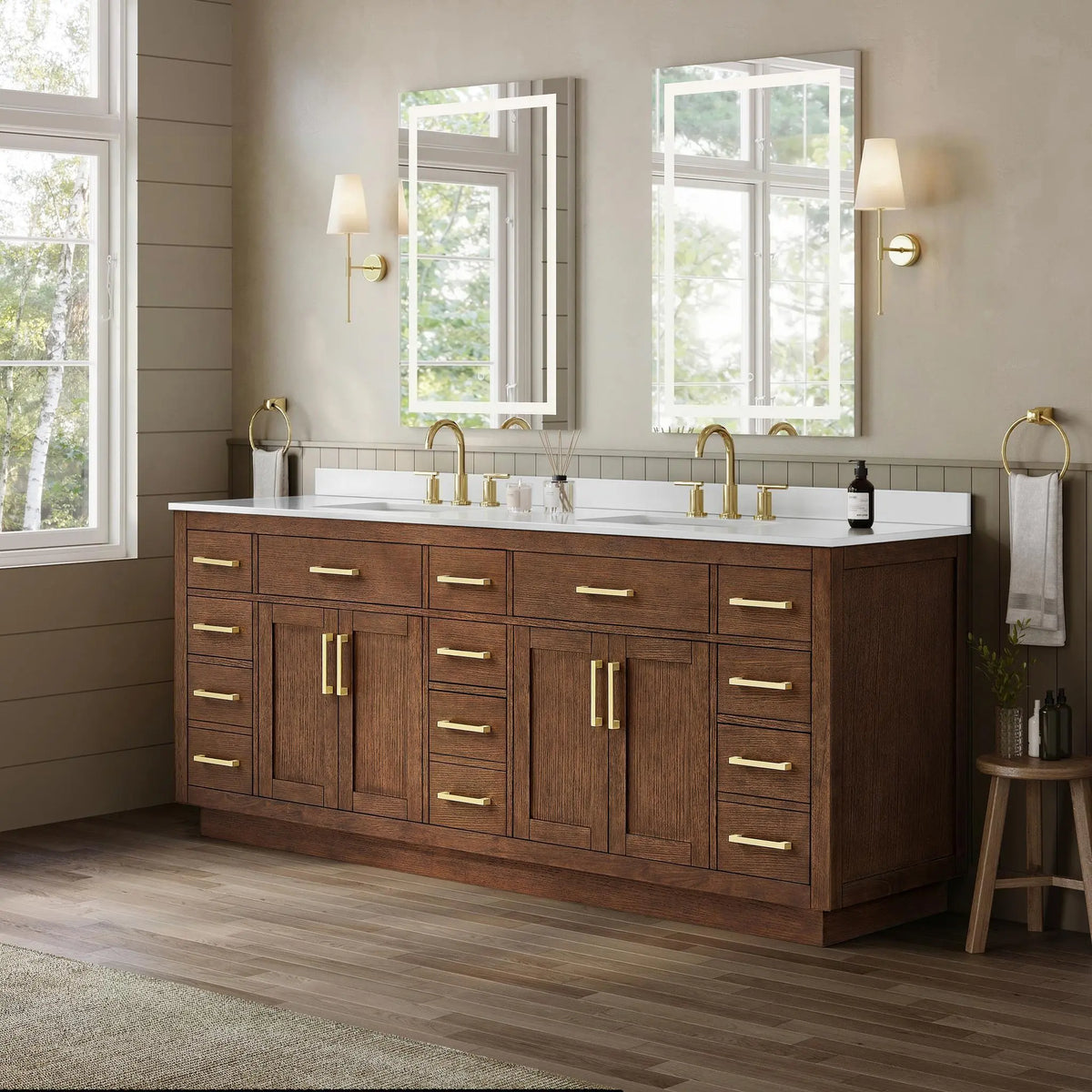 84" Beckett Double Bathroom Vanity with Toe Kick Dark Oak Brushed Gold Trim by wyndham View 17