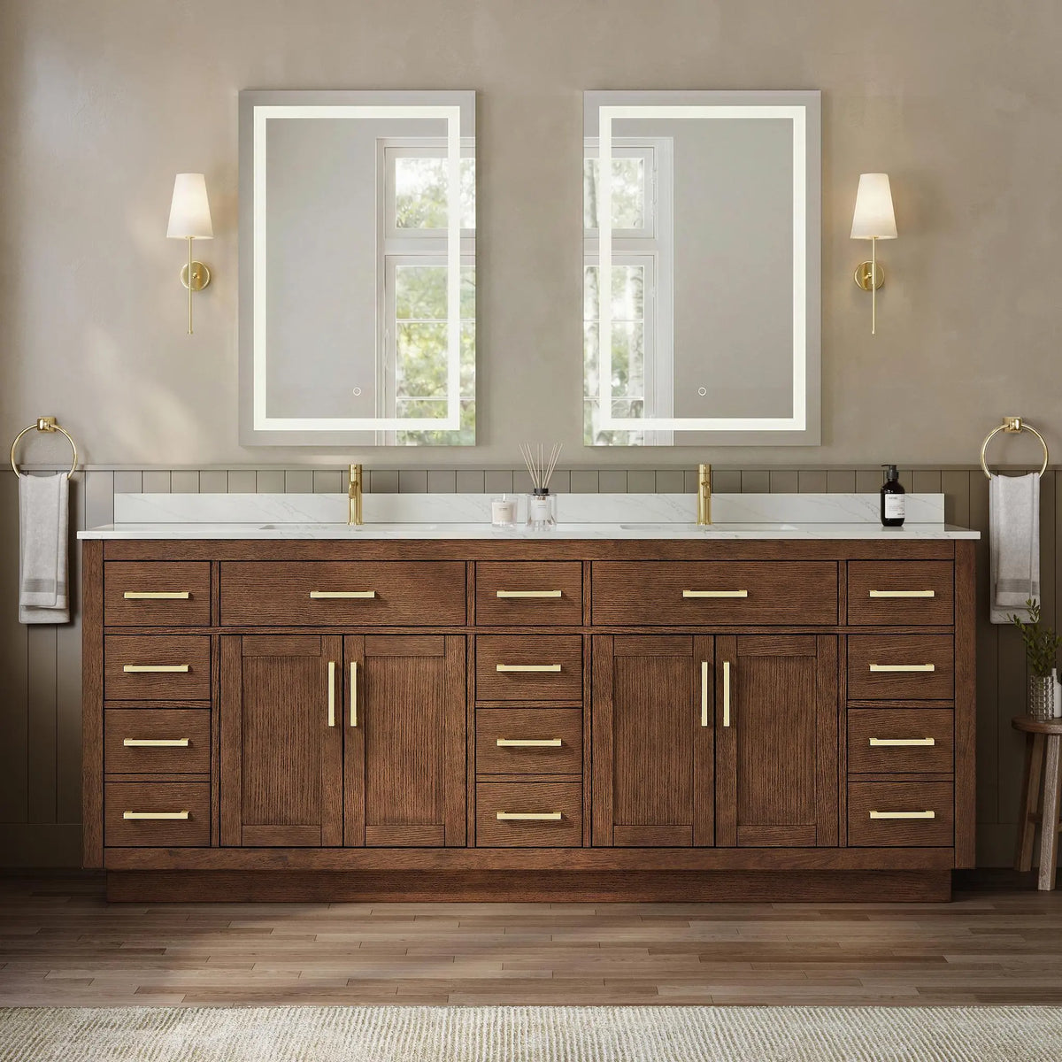 84" Beckett Double Bathroom Vanity with Toe Kick Dark Oak Brushed Gold Trim by wyndham View 24