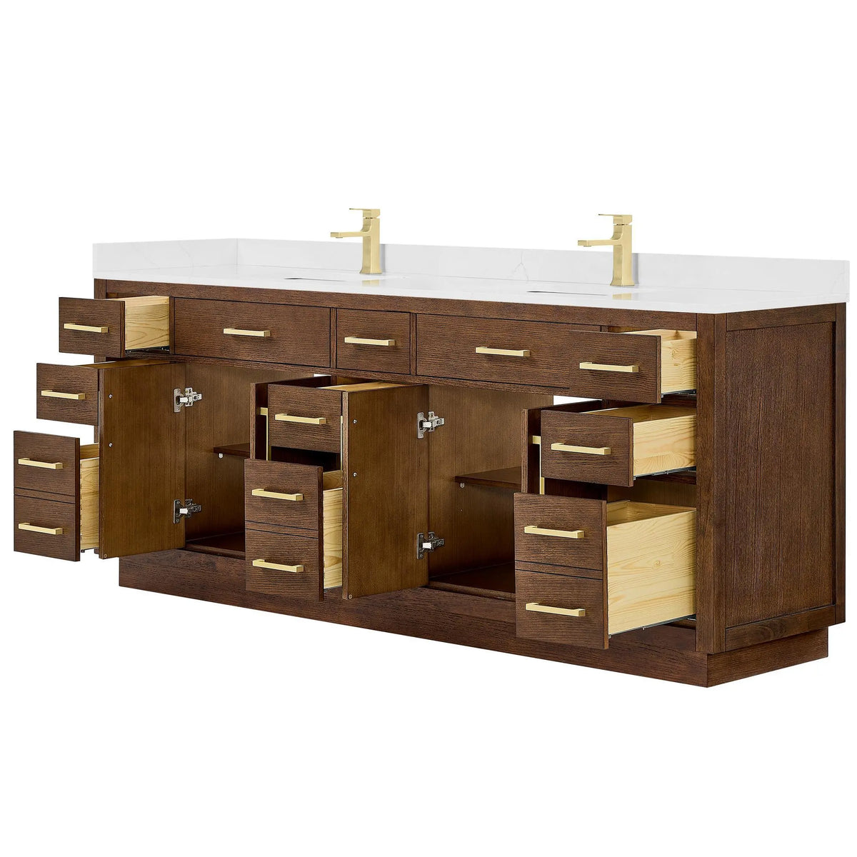 84" Beckett Double Bathroom Vanity with Toe Kick Dark Oak Brushed Gold Trim by wyndham View 23