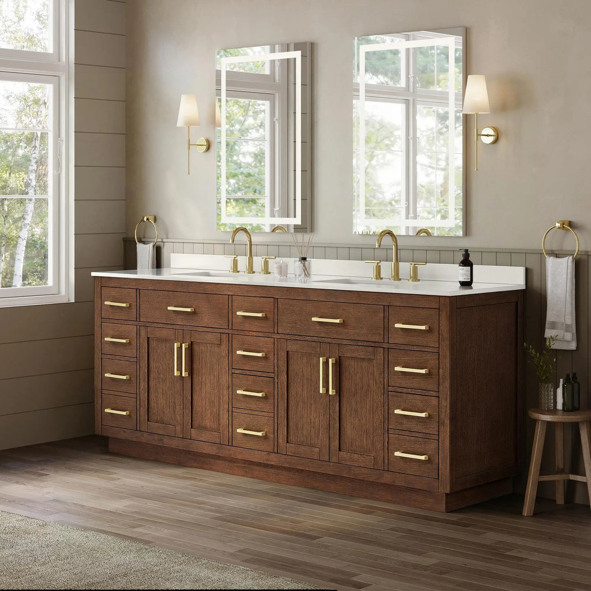 84" Beckett Double Bathroom Vanity with Toe Kick Dark Oak Brushed Gold Trim by wyndham View 37