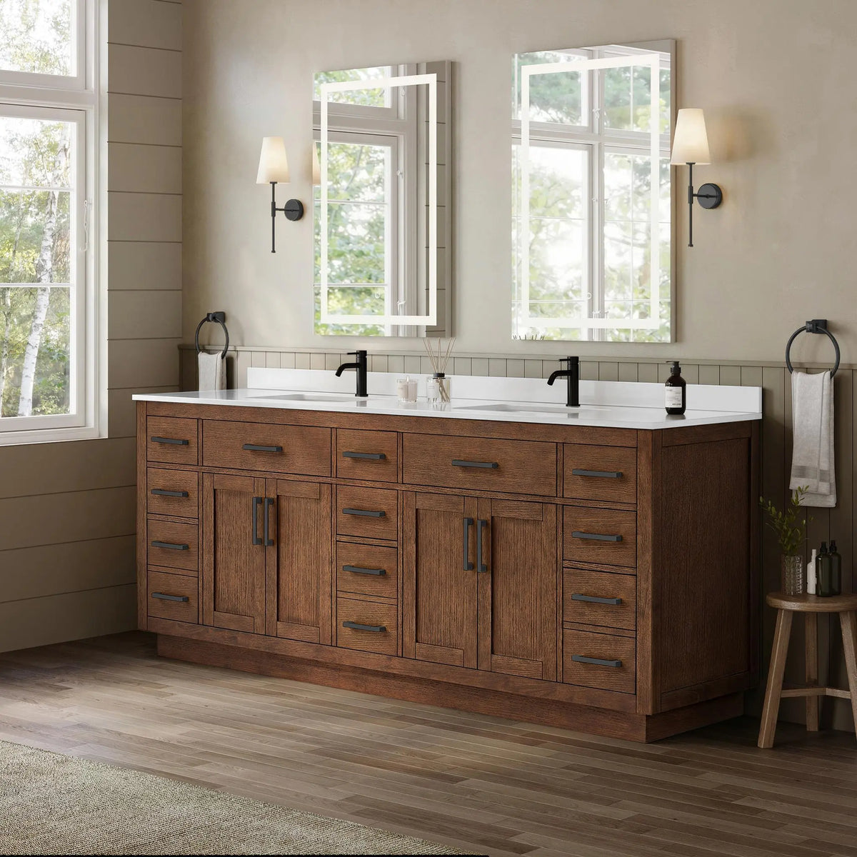 84" Beckett Double Bathroom Vanity with Toe Kick Dark Oak Matte Black Trim by wyndham View 7