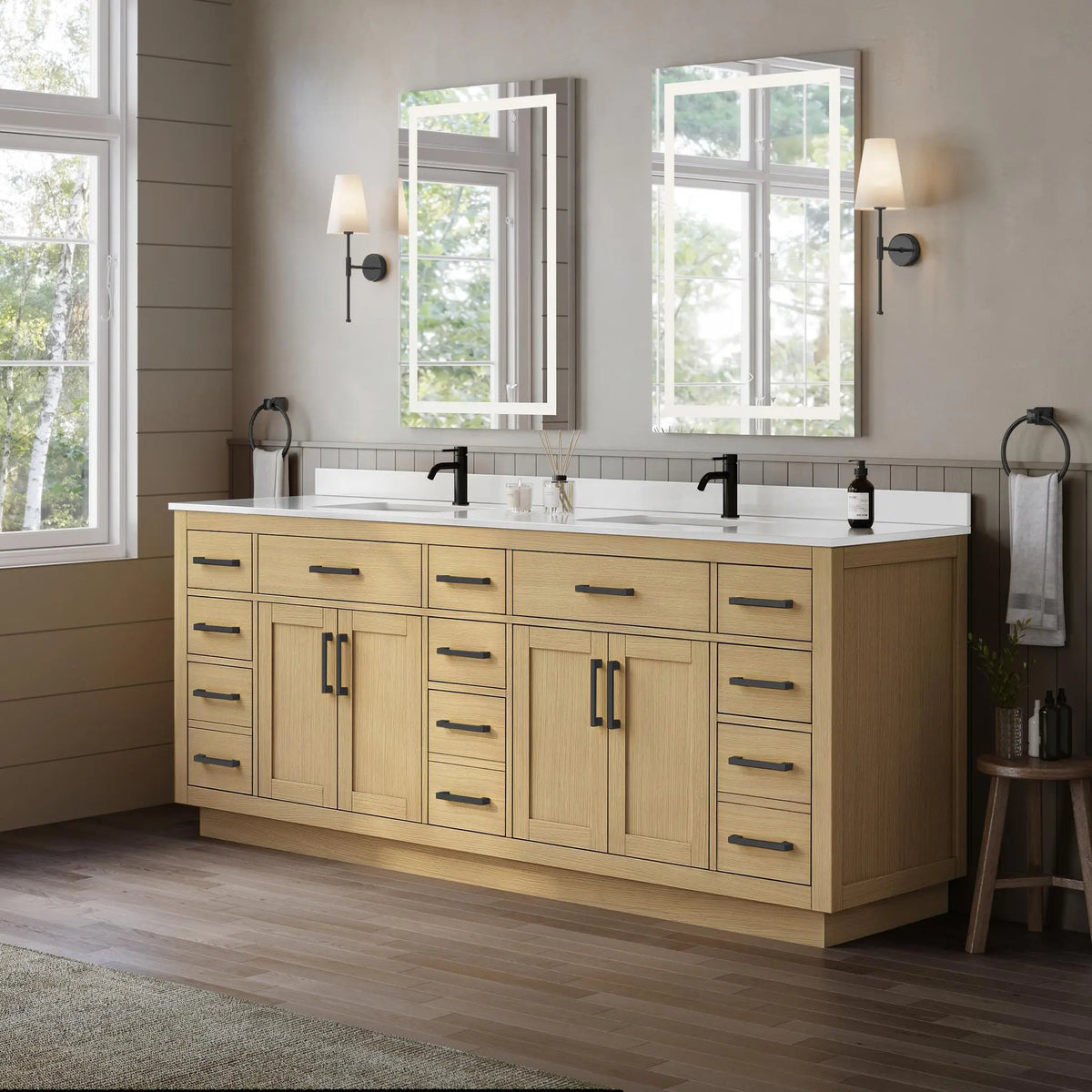 84" Beckett Double Bathroom Vanity with Toe Kick Rift Oak Matte Black Trim by wyndham View 7