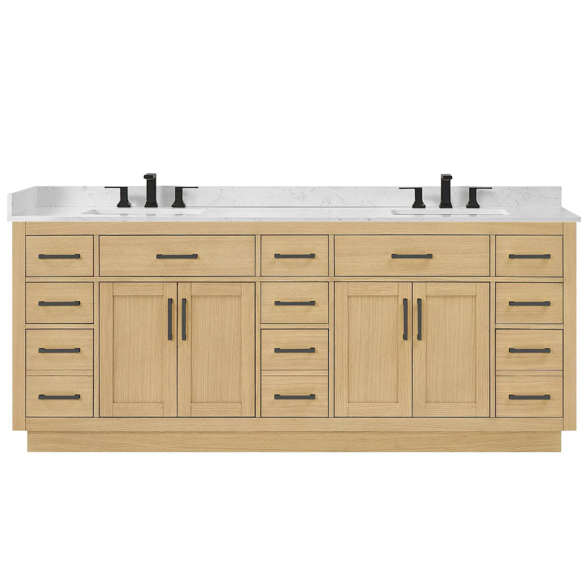 84" Beckett Double Bathroom Vanity with Toe Kick Rift Oak Matte Black Trim by wyndham View 11