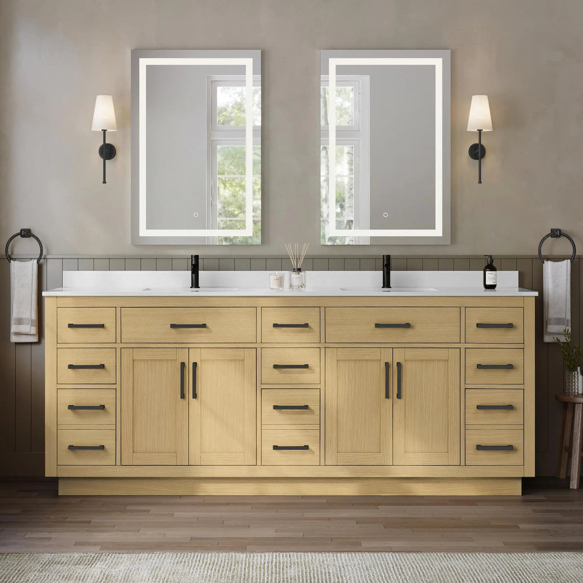 84" Beckett Double Bathroom Vanity with Toe Kick Rift Oak Matte Black Trim by wyndham View 29