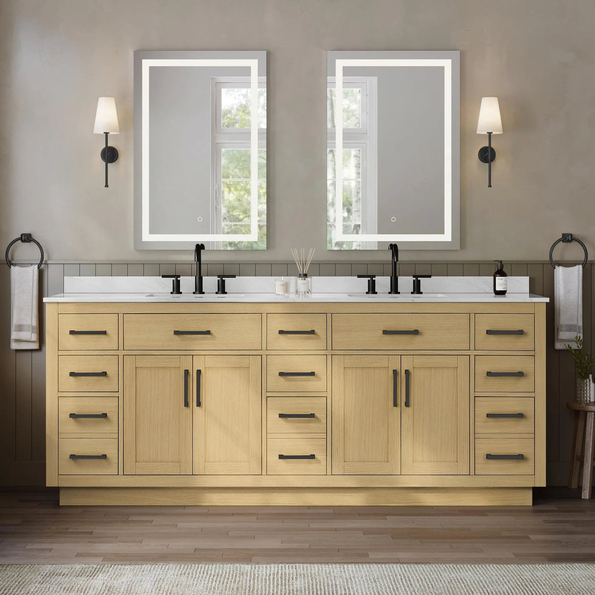 84" Beckett Double Bathroom Vanity with Toe Kick Rift Oak Matte Black Trim by wyndham View 34