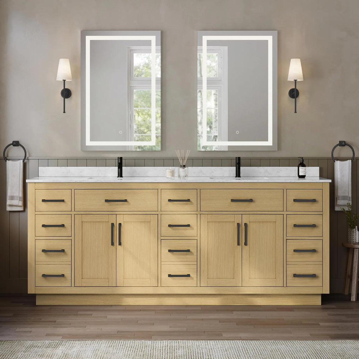 84" Beckett Double Bathroom Vanity with Toe Kick Rift Oak Matte Black Trim by wyndham View 4