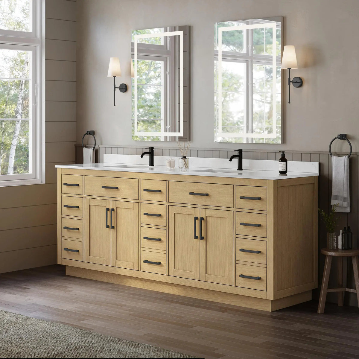 84" Beckett Double Bathroom Vanity with Toe Kick Rift Oak Matte Black Trim by wyndham View 2