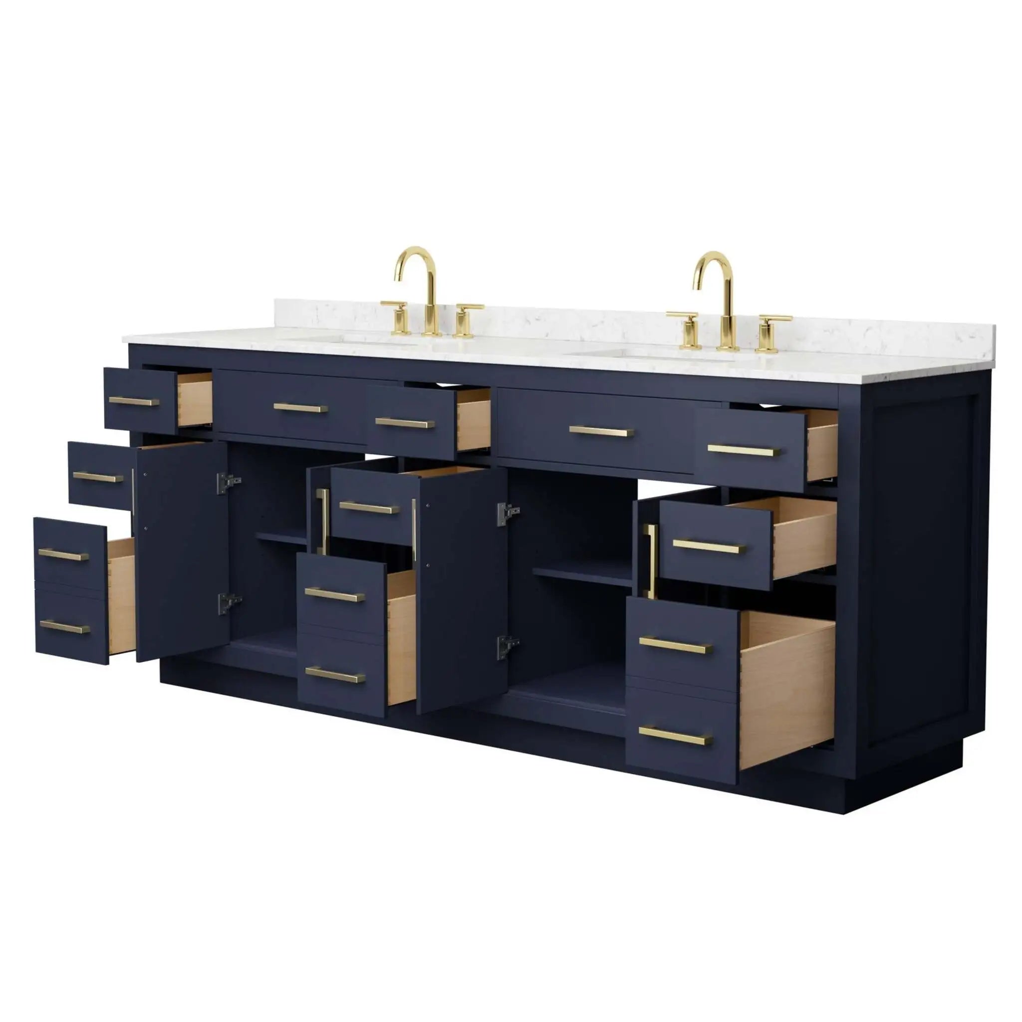 84" Beckett TK Beckett Double Bathroom Vanity with Toe Kick in Dark Blue with Brushed Gold Trim by Wyndham