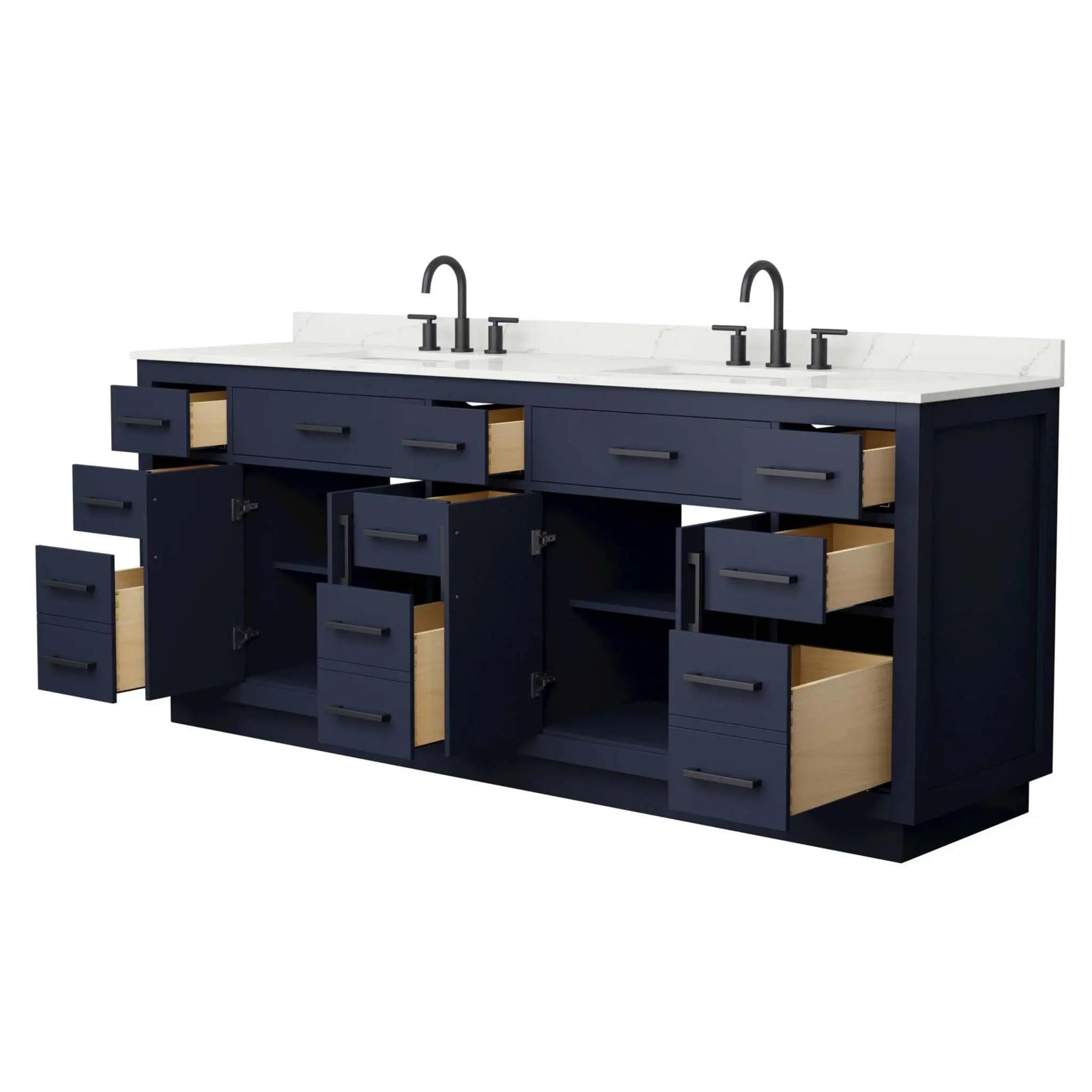 84" Beckett TK Beckett Double Bathroom Vanity with Toe Kick in Dark Blue with Matte Black Trim by Wyndham