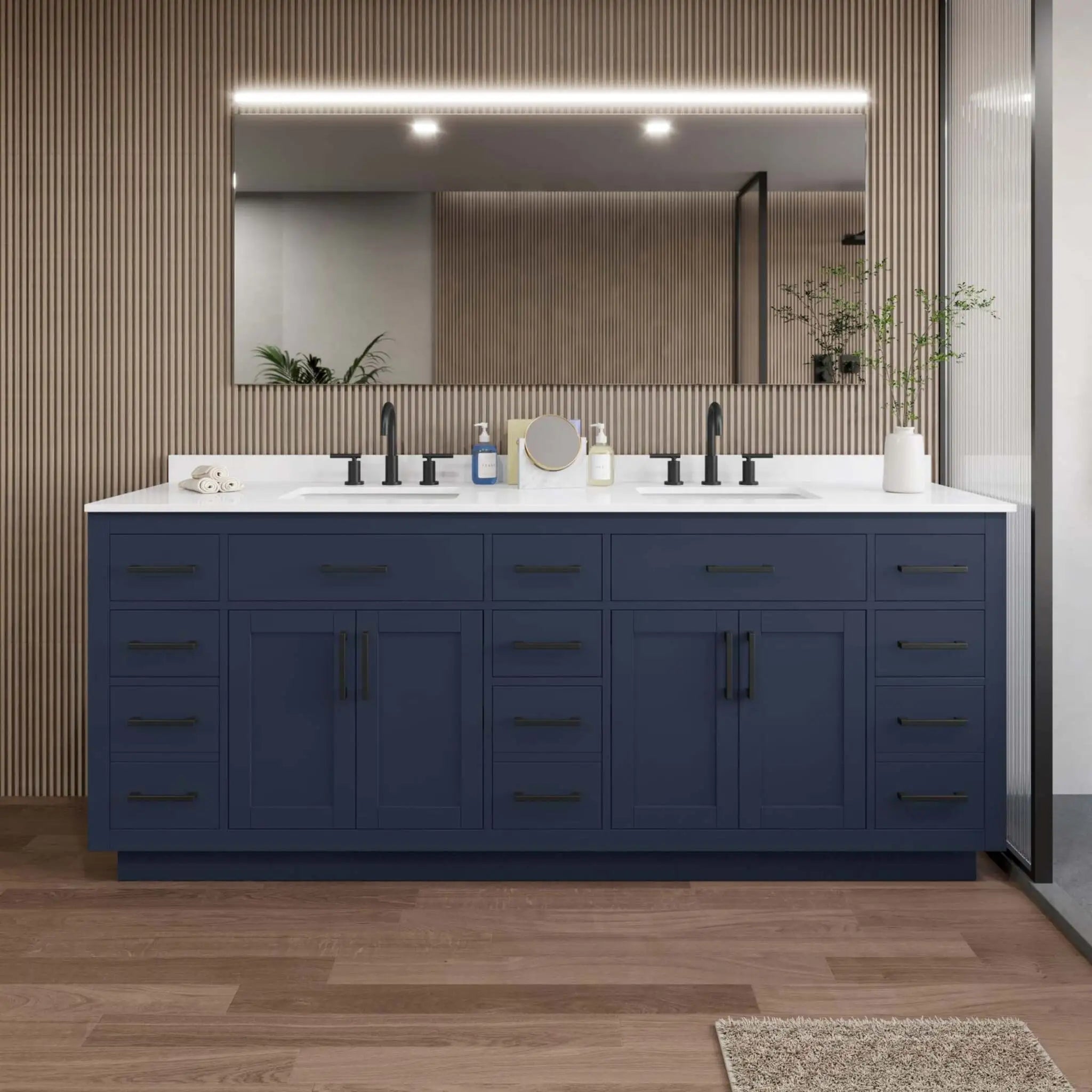 84" Beckett TK Beckett Double Bathroom Vanity with Toe Kick in Dark Blue with Matte Black Trim by Wyndham