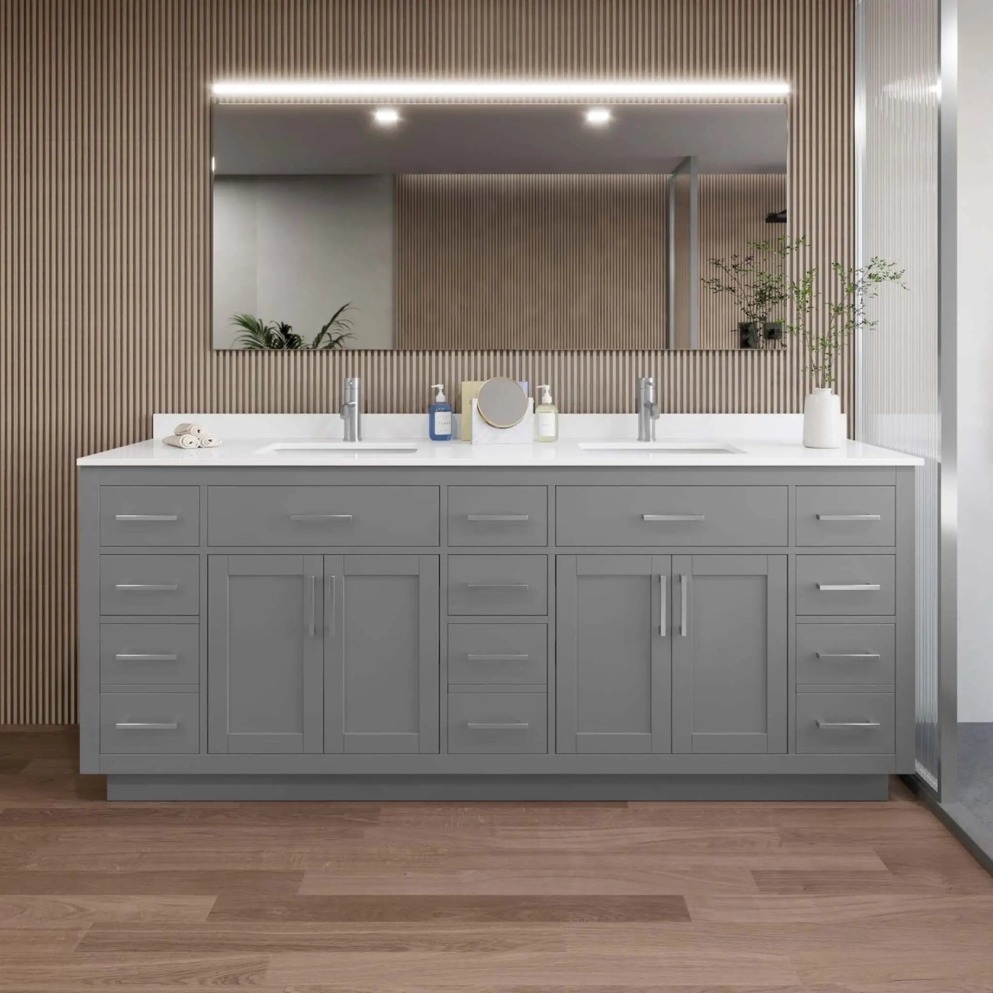 84" Beckett TK Beckett Double Bathroom Vanity with Toe Kick in Dark Gray with Brushed Nickel Trim by Wyndham