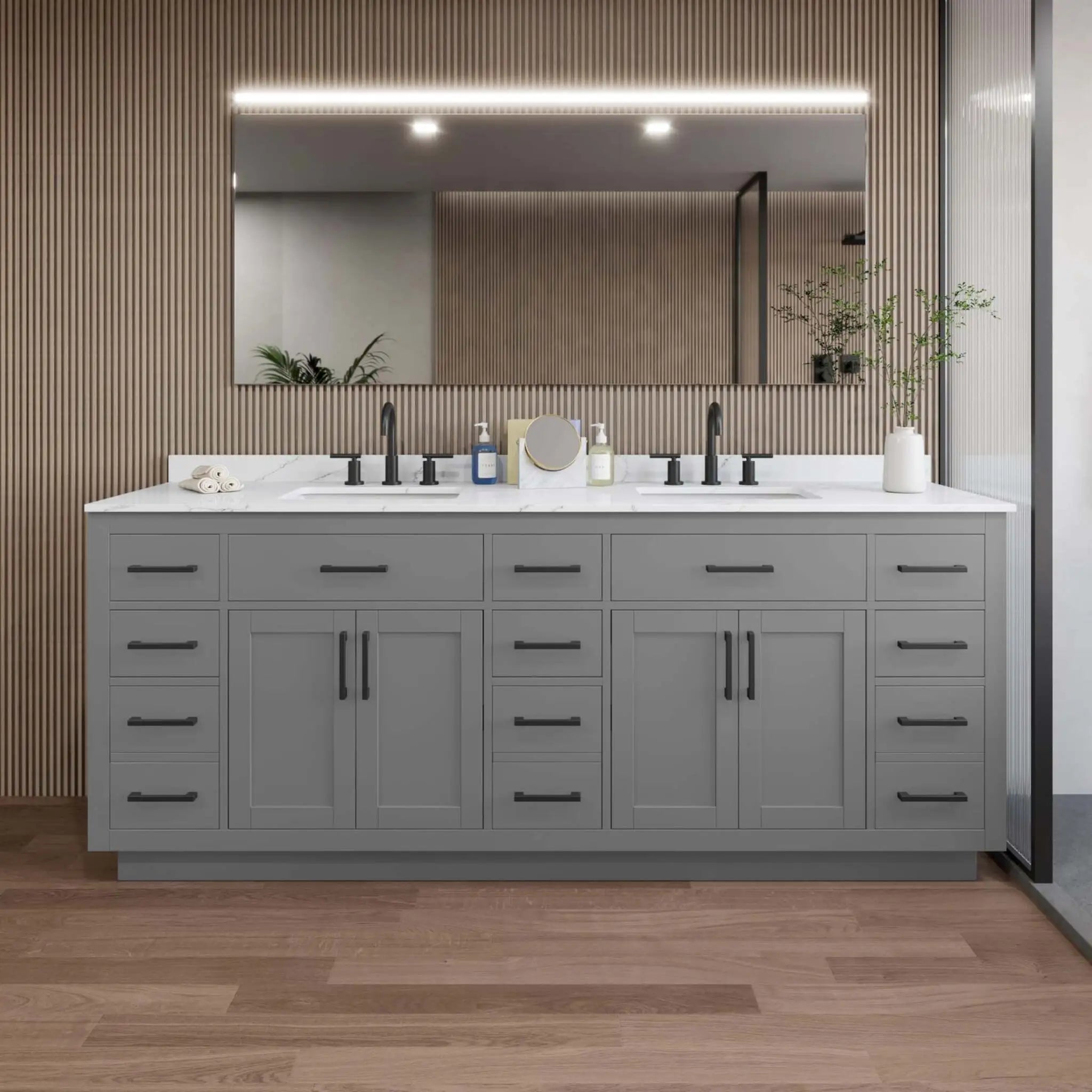84" Beckett TK Beckett Double Bathroom Vanity with Toe Kick in Dark Gray with Matte Black Trim by Wyndham