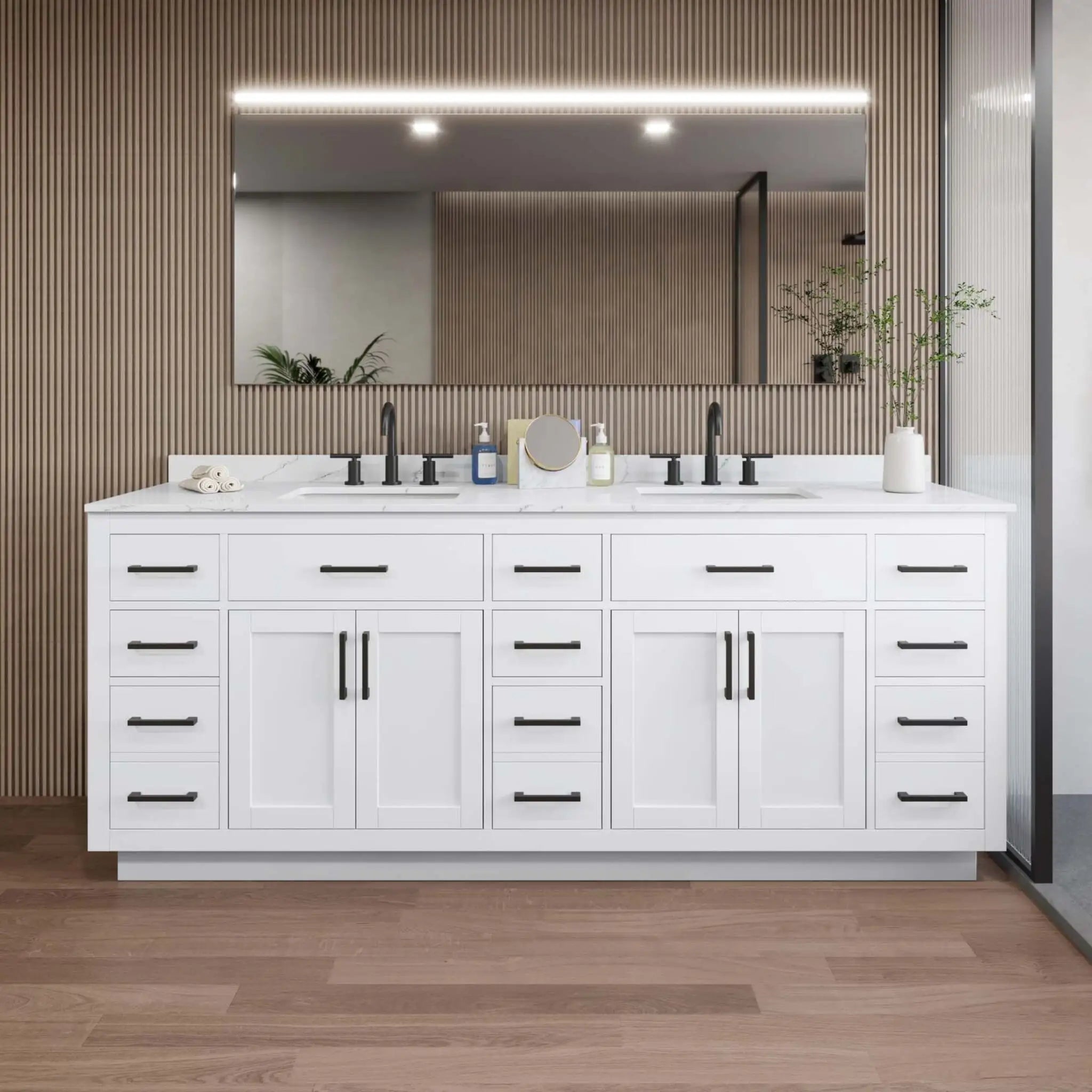 84" Beckett TK Beckett Double Bathroom Vanity with Toe Kick in White with Matte Black Trim by Wyndham